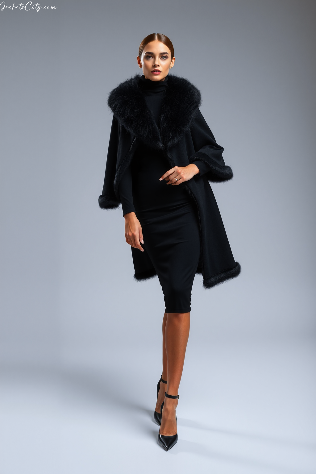 Black Fur Trim Cape Coat Black Outfit