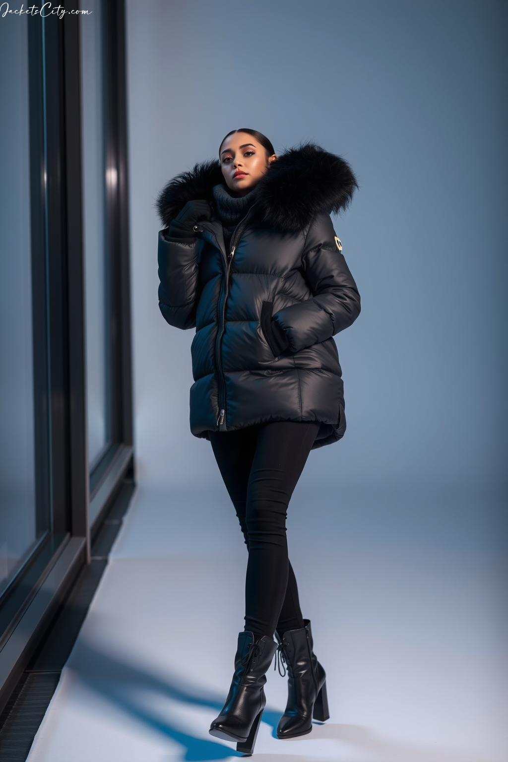 Black Fur Trim Puffer Black Snow Outfit