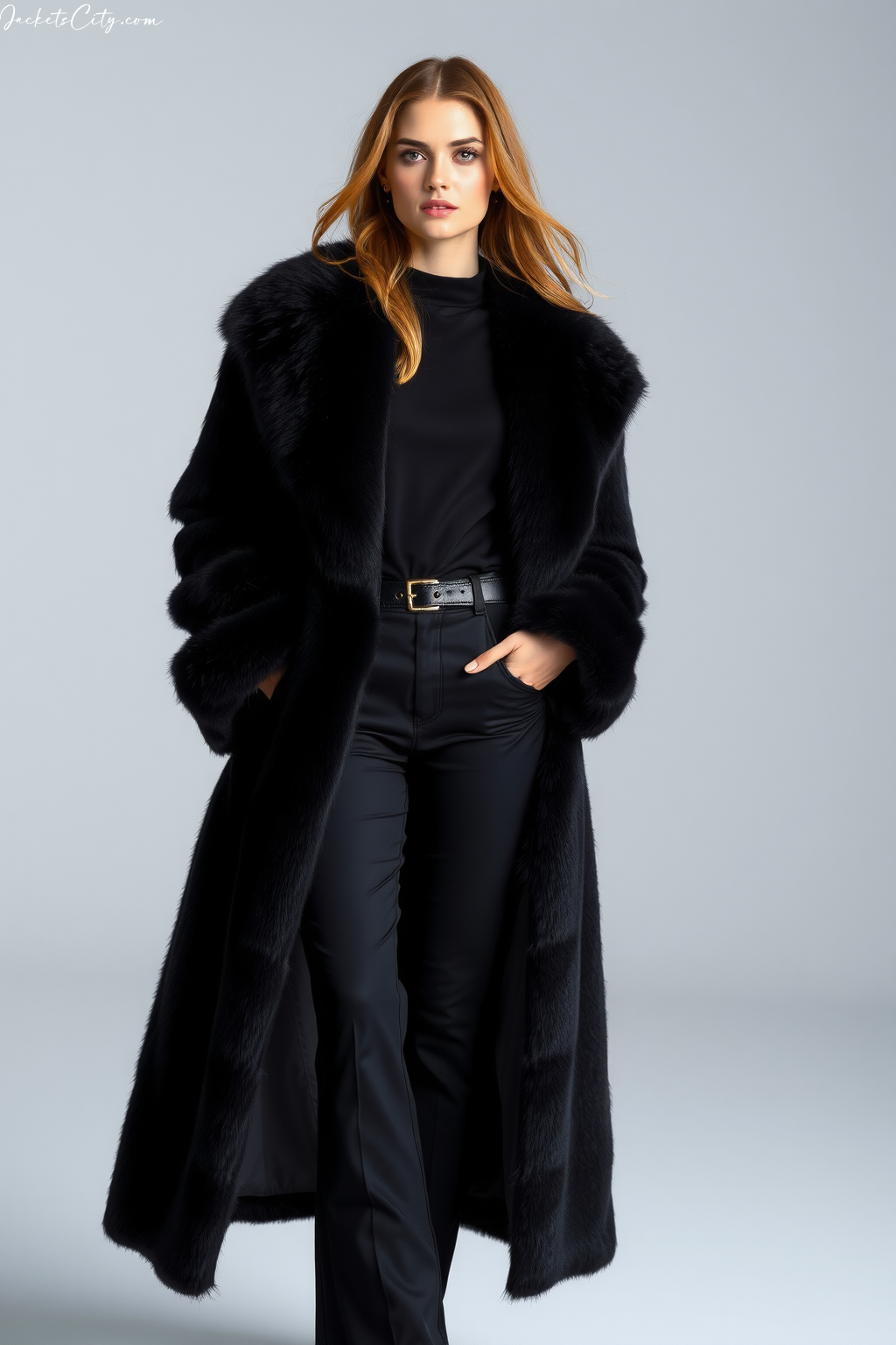 Black Long Fur Coat All-Black Outfit Underneath