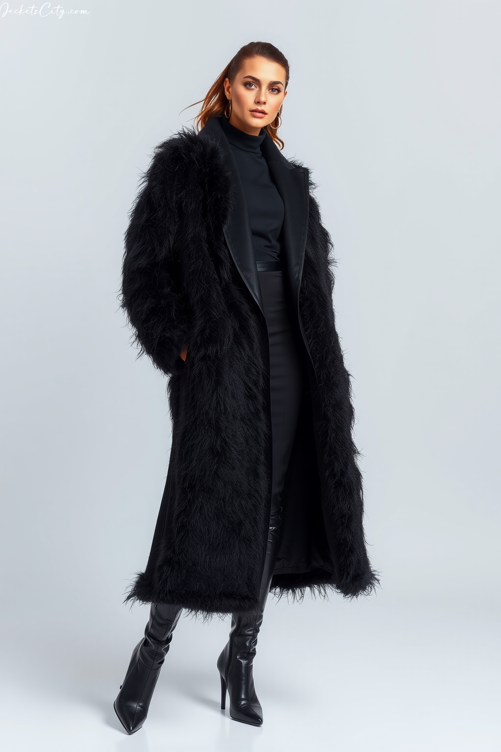 Black Shaggy Fur Coat Black Outfit