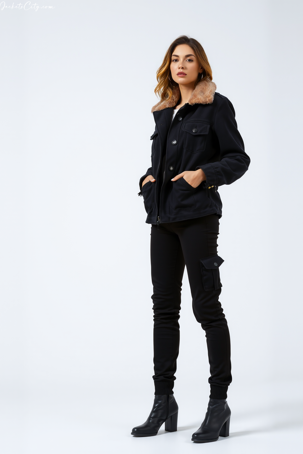 Black Shearling Field Jacket Black Cargo Pants