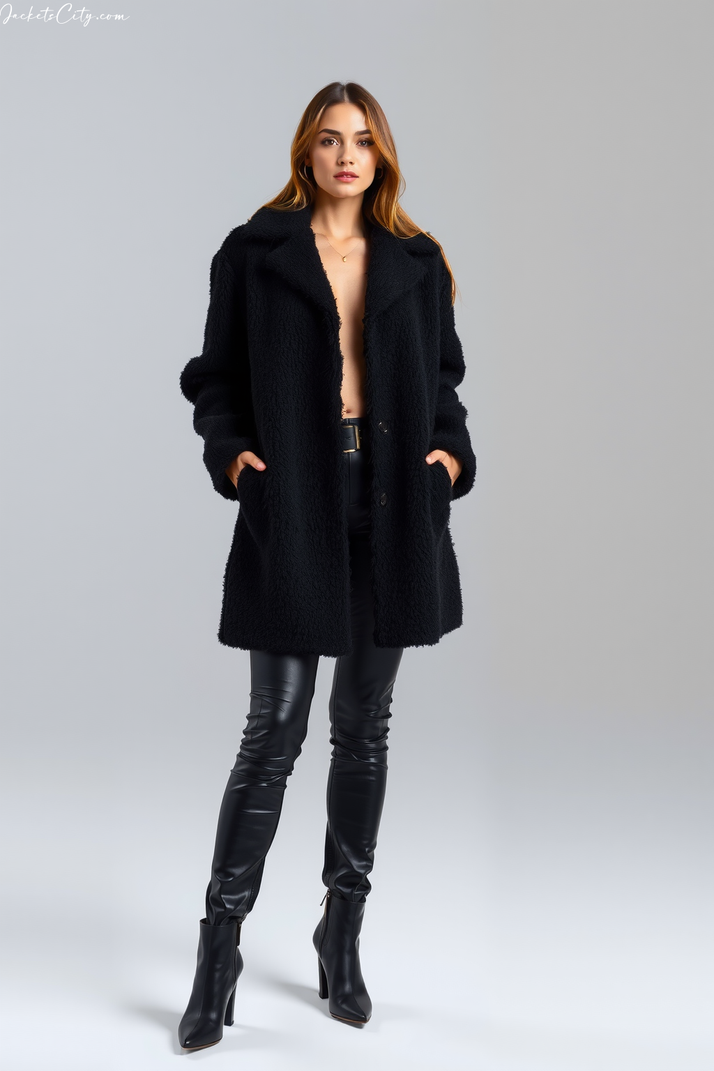 Black Teddy Coat Black Leather Pants