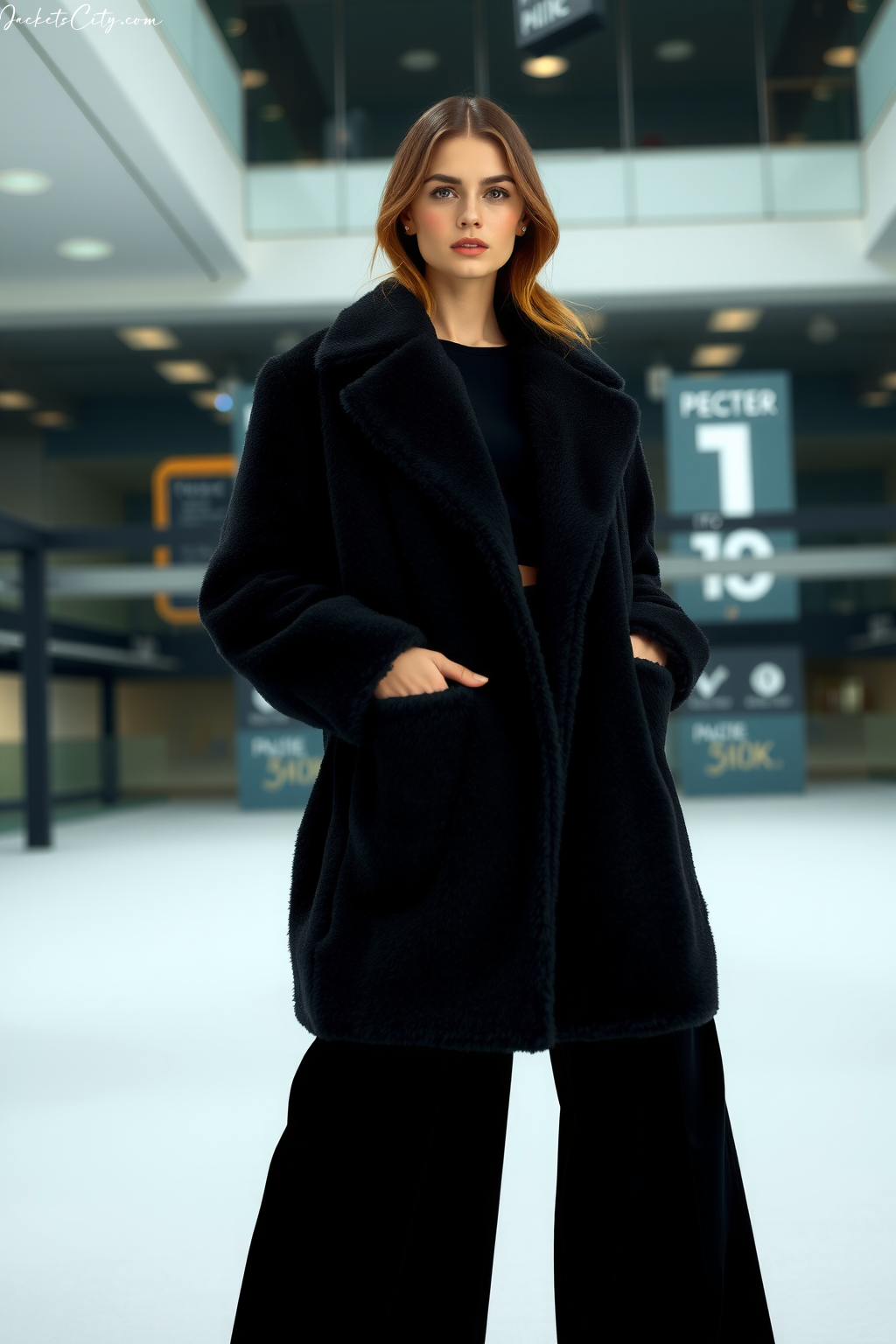 Black Teddy Coat Cropped Black Wide Pants