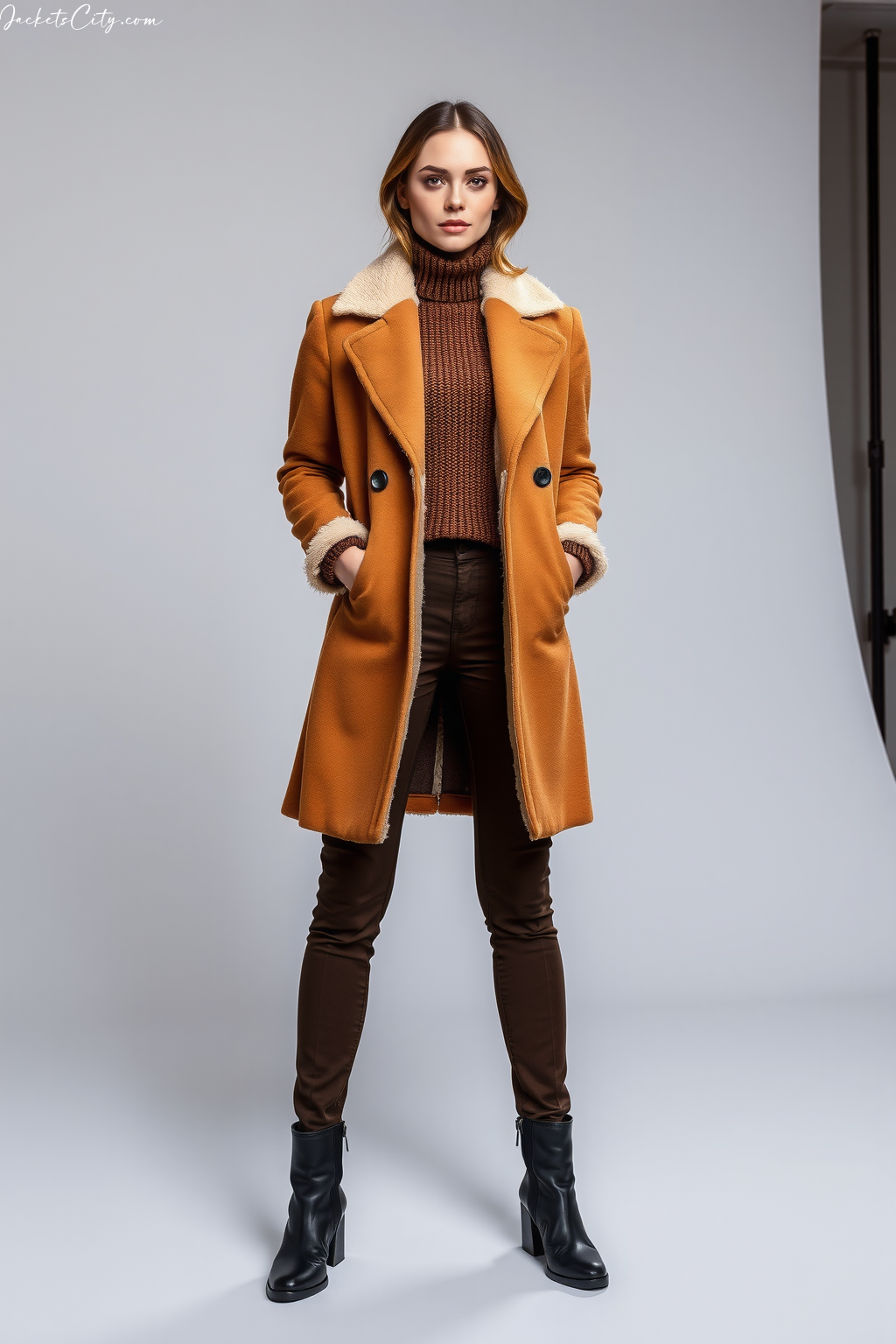 Brown Long Shearling Coat Turtleneck Sweater