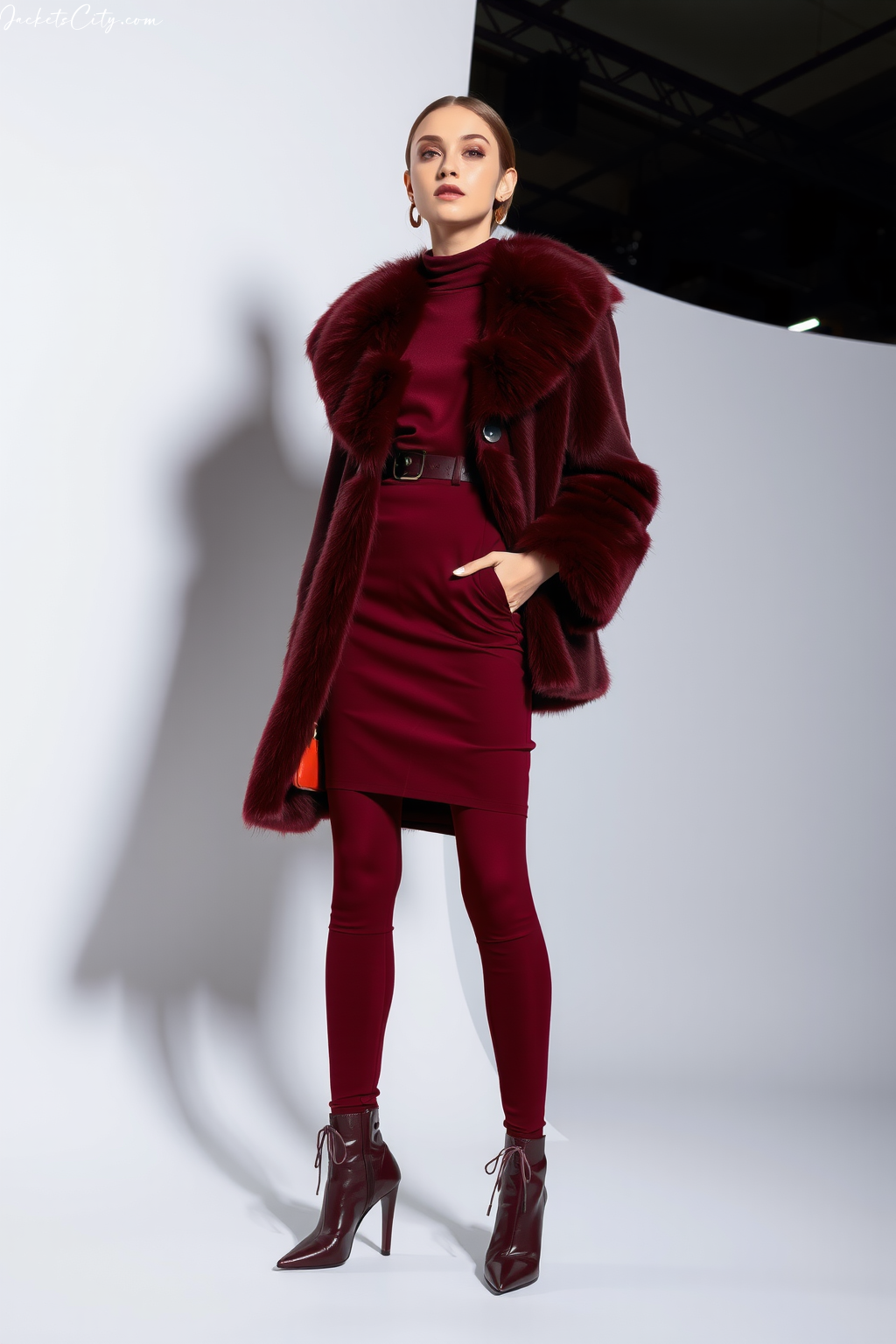 Burgundy Long Faux Fur Coat Burgundy Monochrome Outfit
