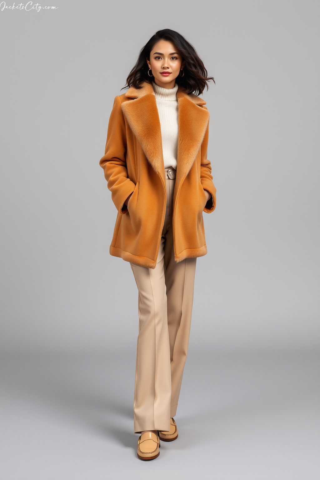 Camel Long Fur Coat Cream Sweater