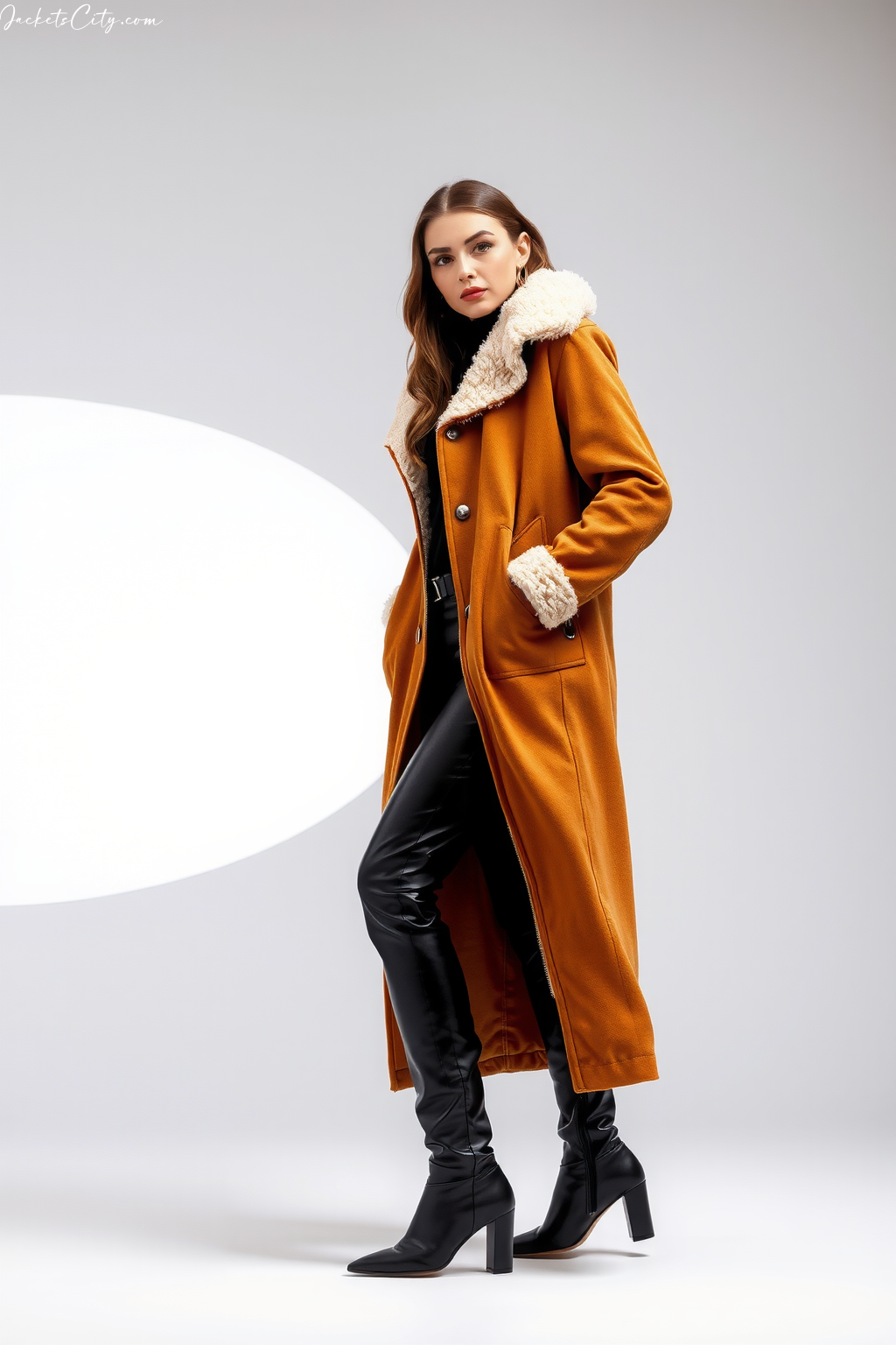 Caramel Long Shearling Coat Leather Outfit