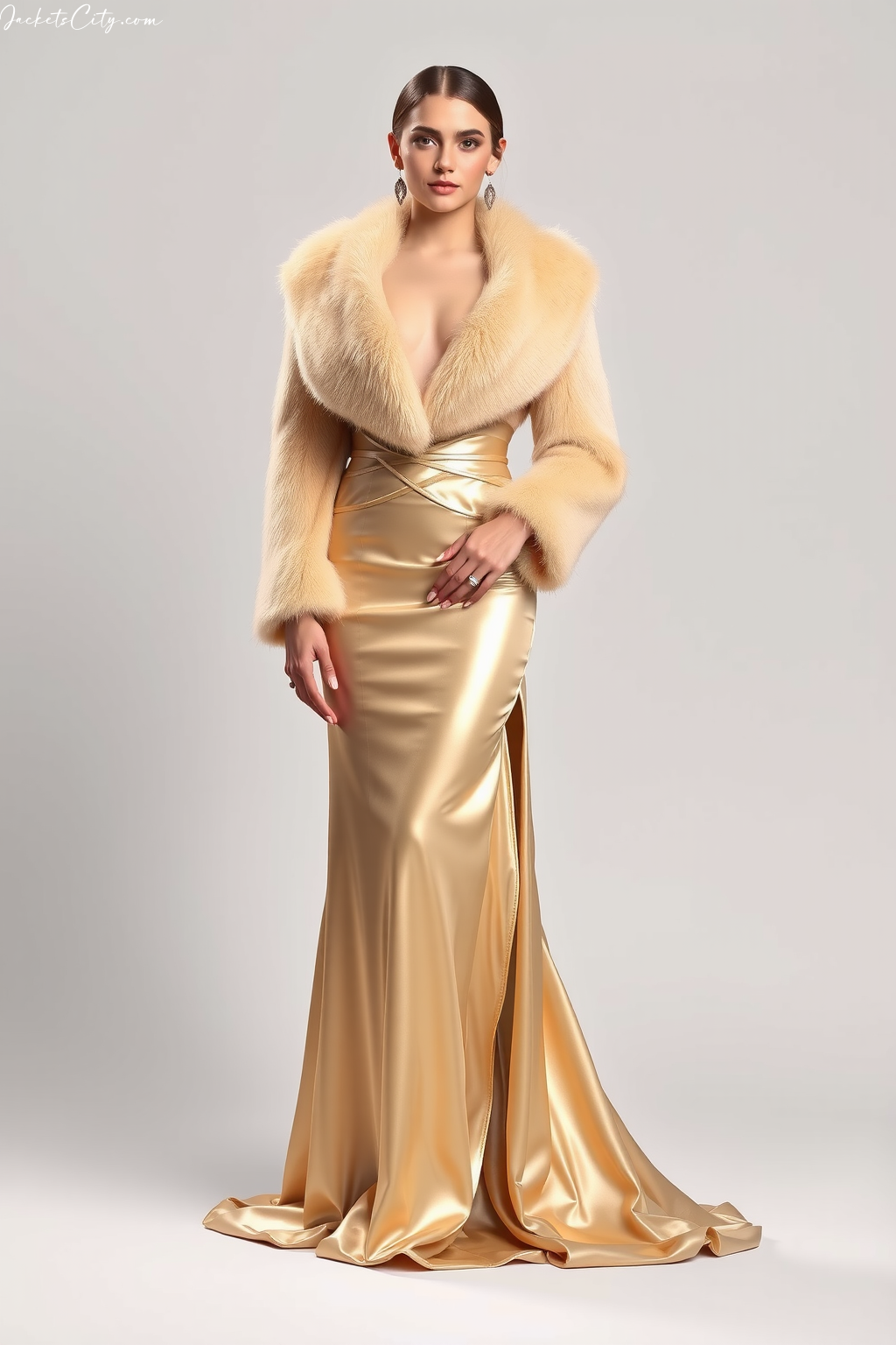 Champagne Long Fur Coat Evening Gown