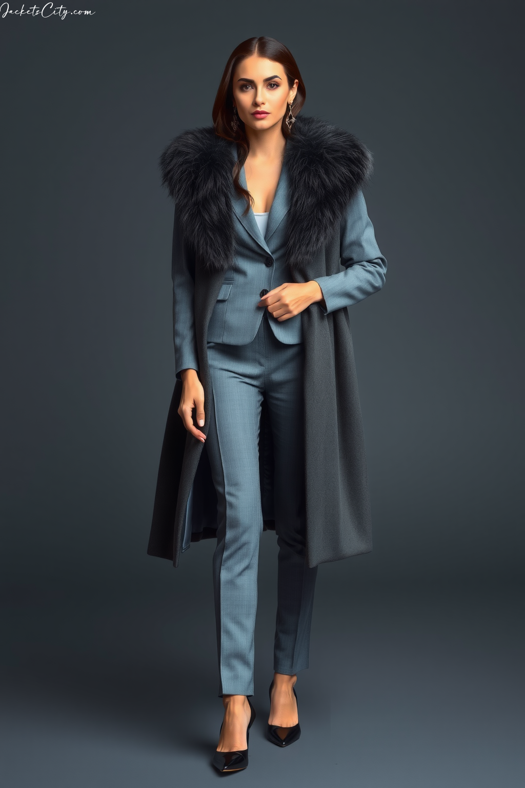 Charcoal Long Fur Coat Grey Suit