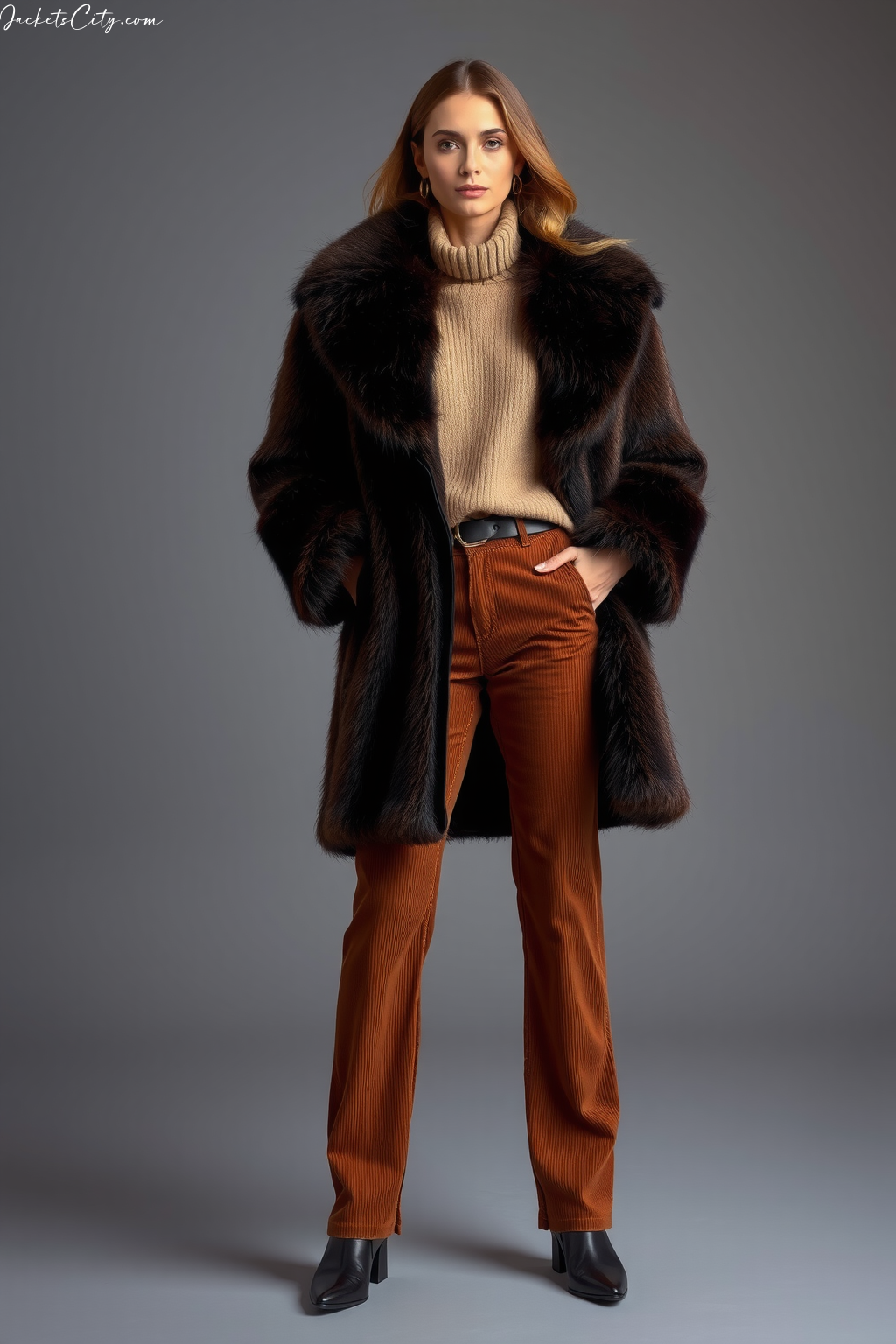 Chocolate Brown Long Fur Coat Camel Sweater