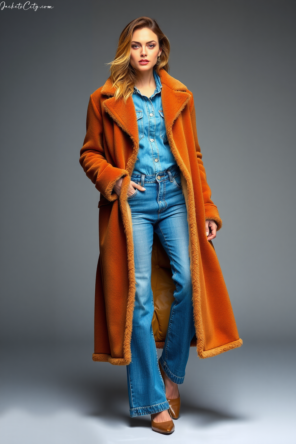 Cognac Long Shearling Coat Denim Outfit