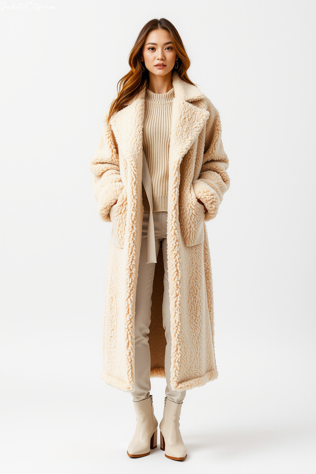 Cream Long Teddy Coat Monochrome Beige Outfit