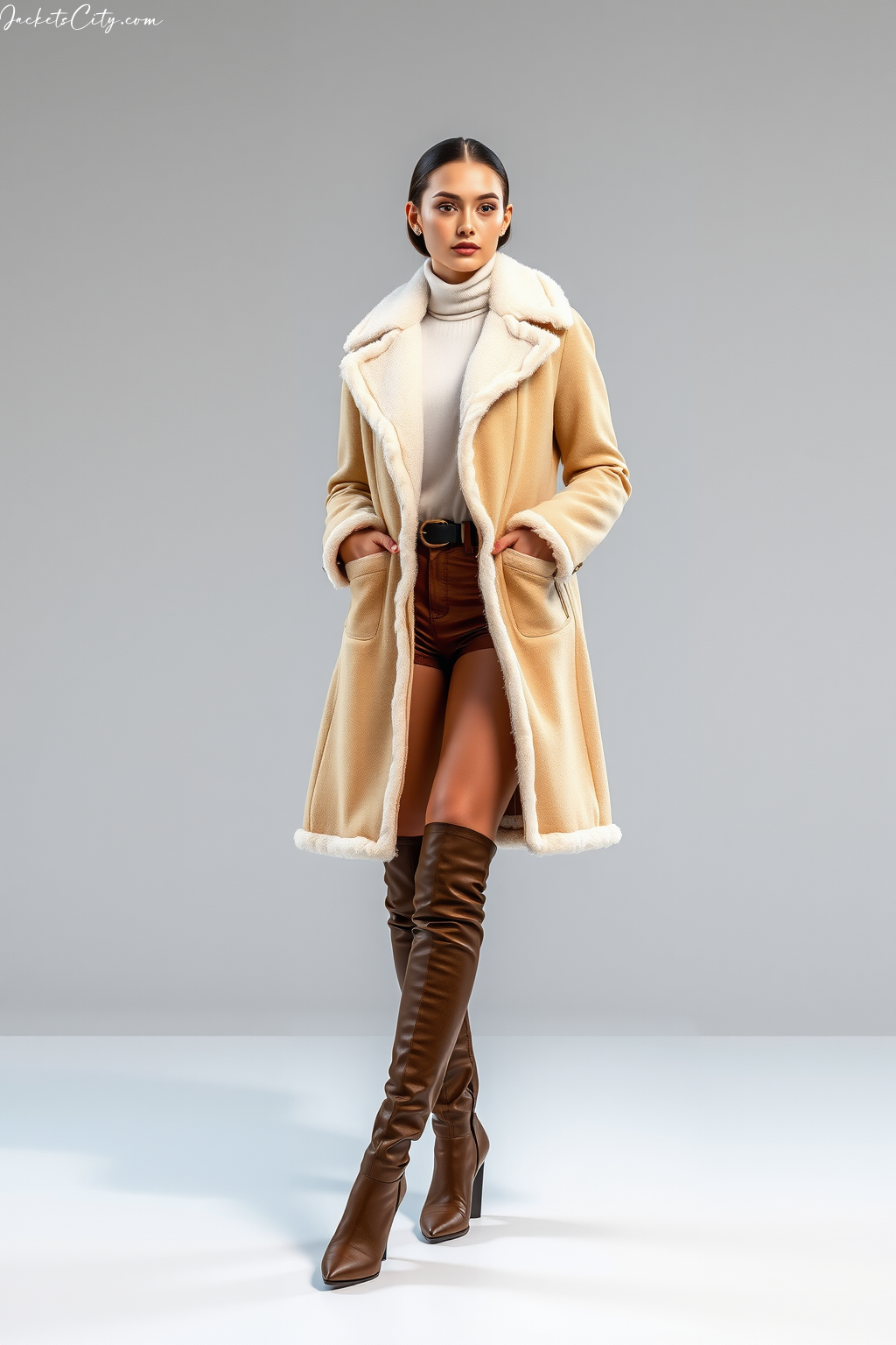 Cream Shearling Long Coat Western Outfit