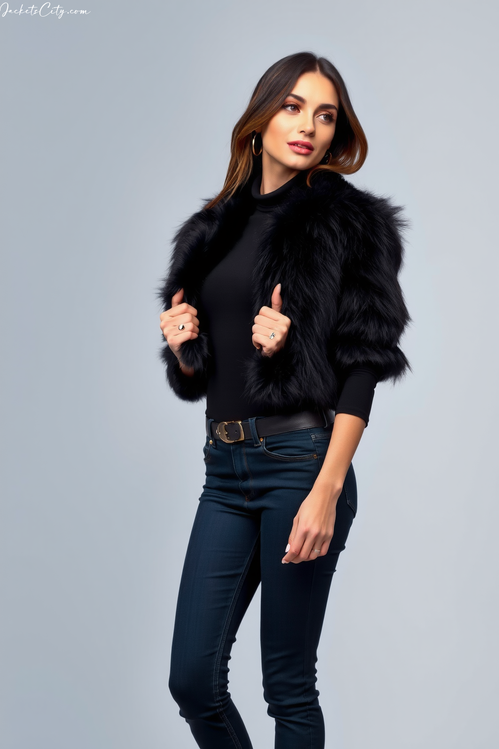 Cropped Black Fur Jacket Black Turtleneck