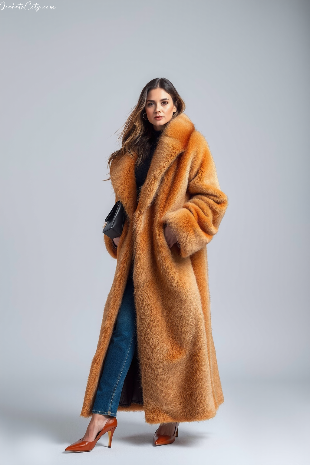 Golden Brown Long Fur Coat Autumn Layers