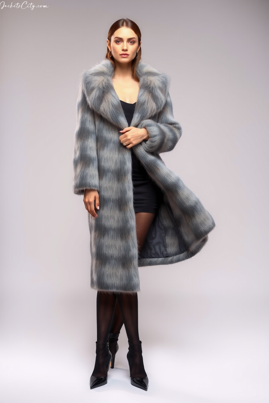 Grey Long Faux Fur Coat Black Dress