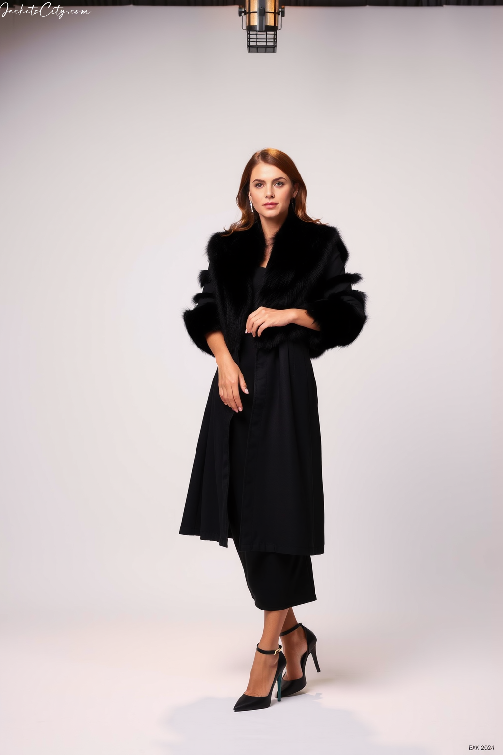 Knee-Length Black Fur Coat Black Midi Dress