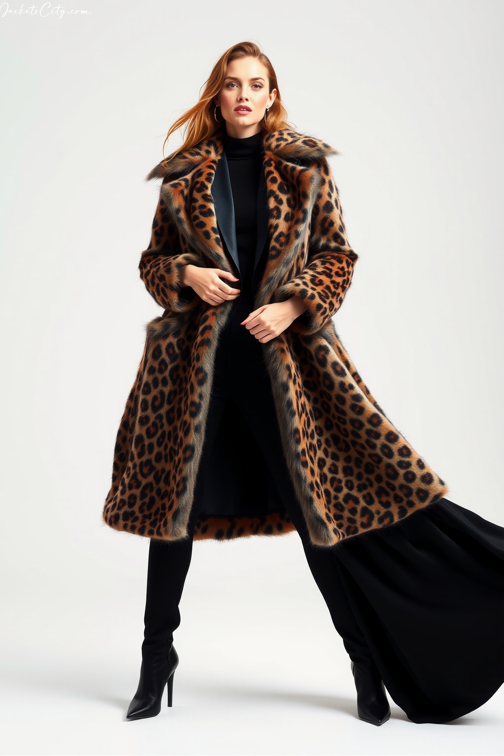 Leopard Print Long Fur Coat Black Outfit