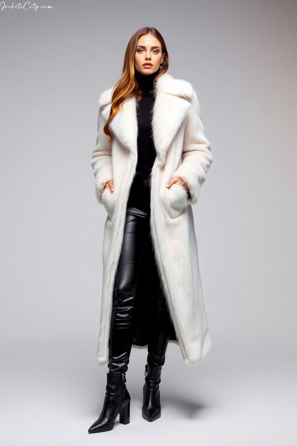 Long White Faux Fur Coat Black Turtleneck