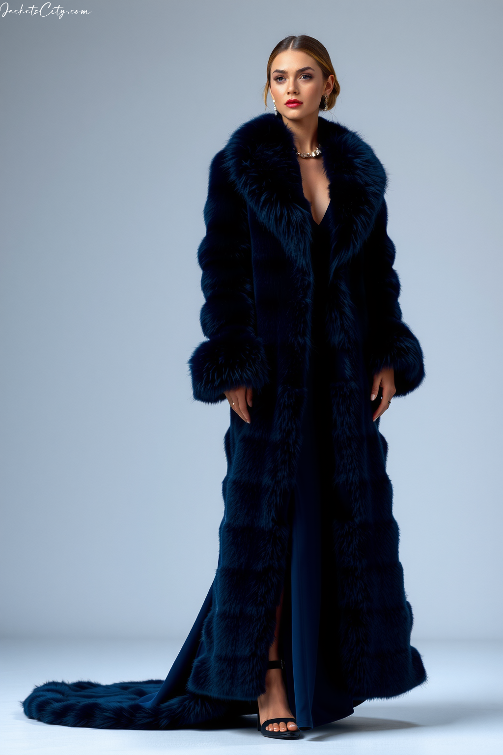 Midnight Blue Long Fur Coat Evening Dress