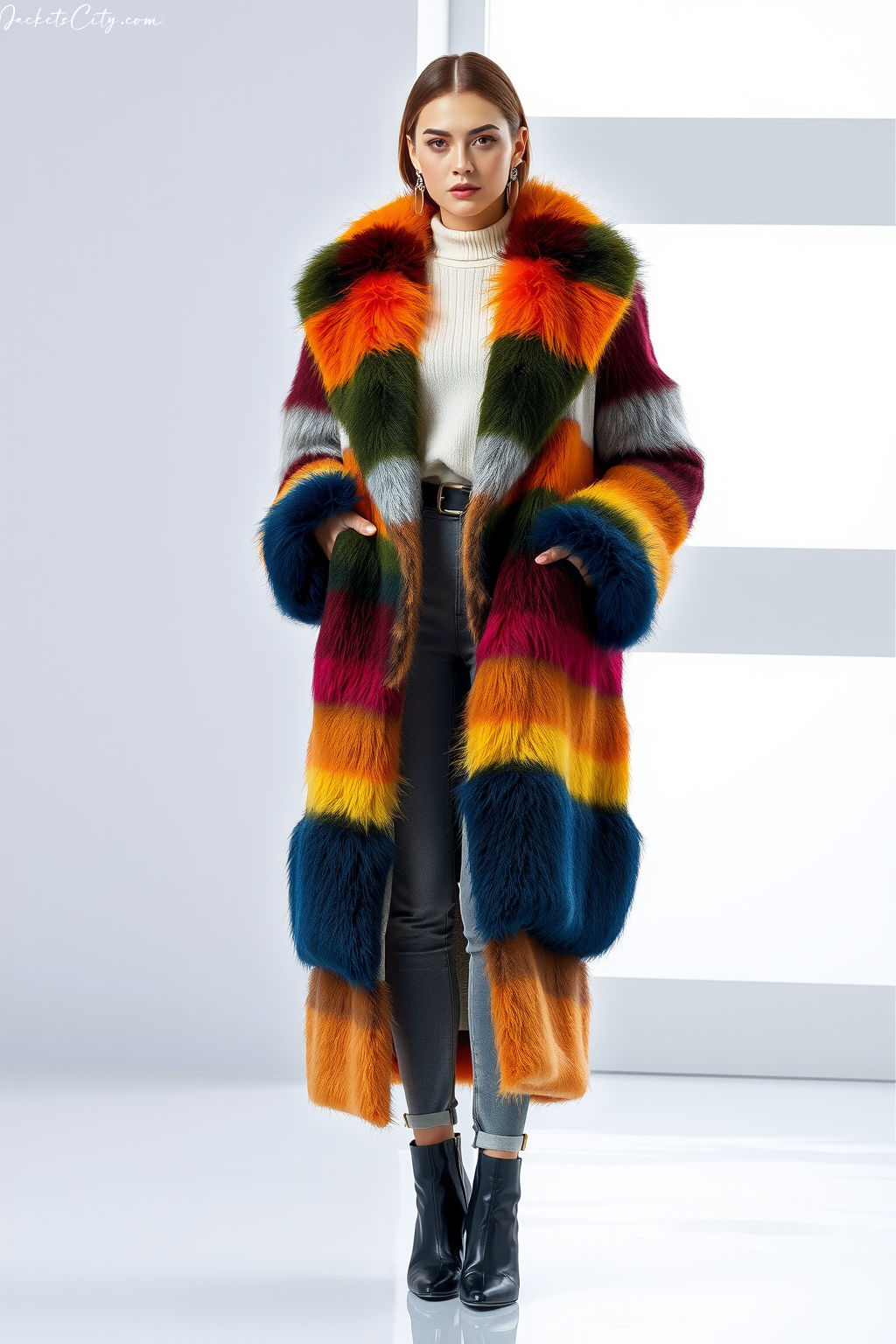Multi-Color Long Fur Coat Simple Outfit