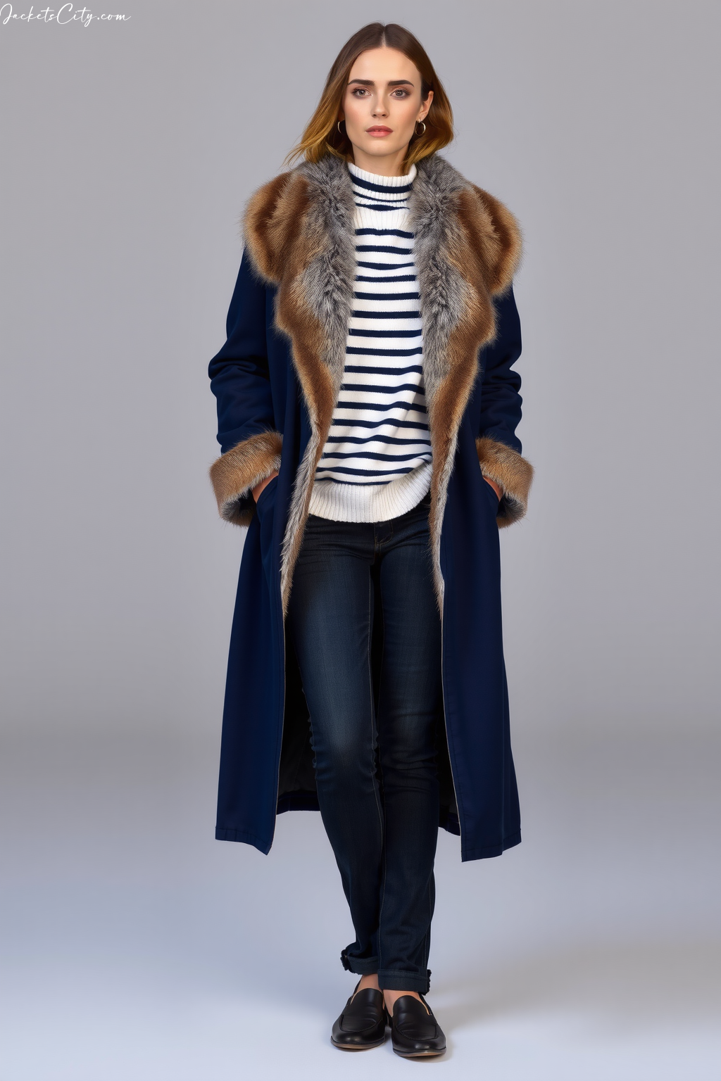 Navy Long Faux Fur Coat Striped Shirt