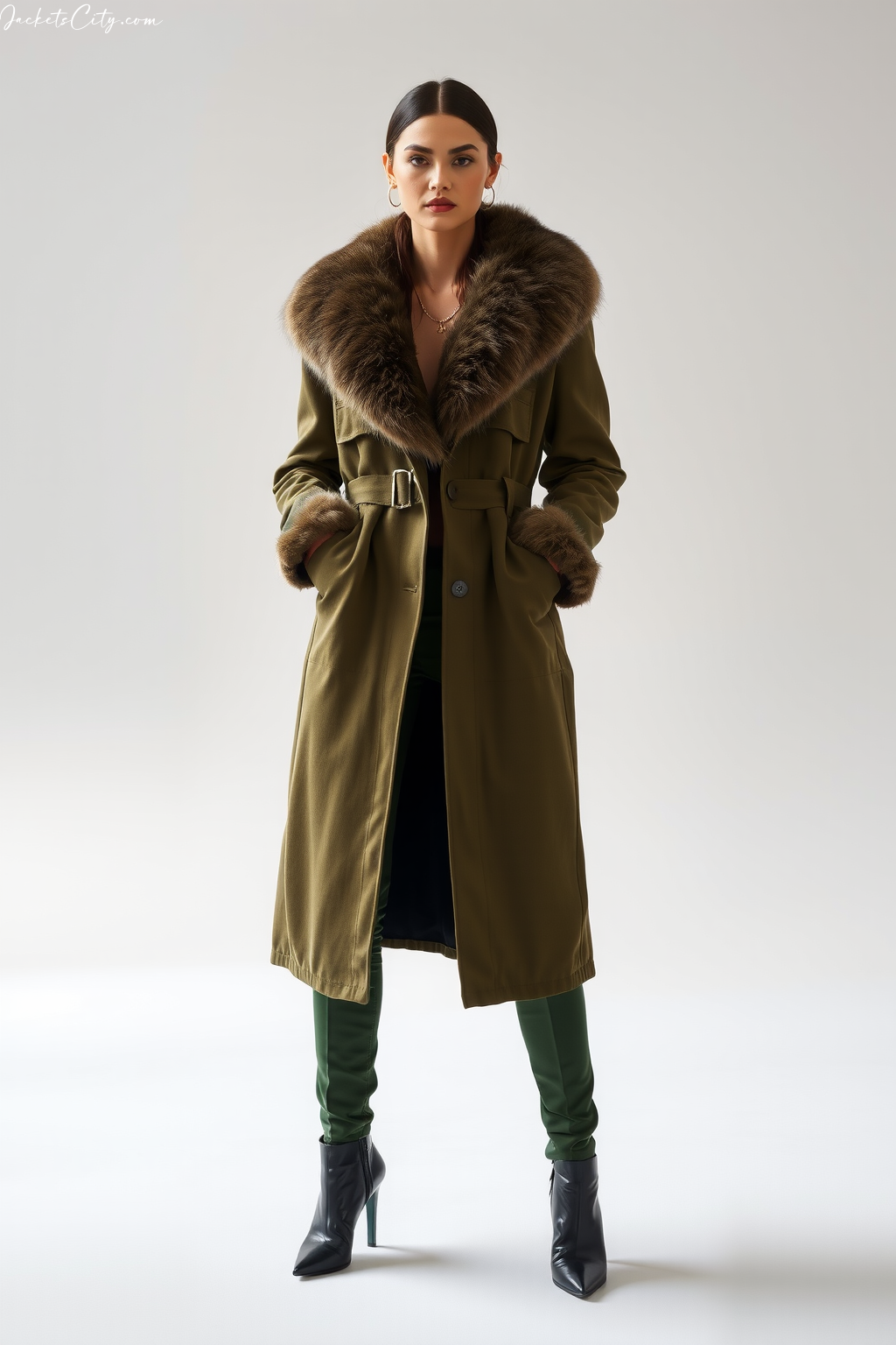 Olive Green Long Fur Coat Utility Outfit