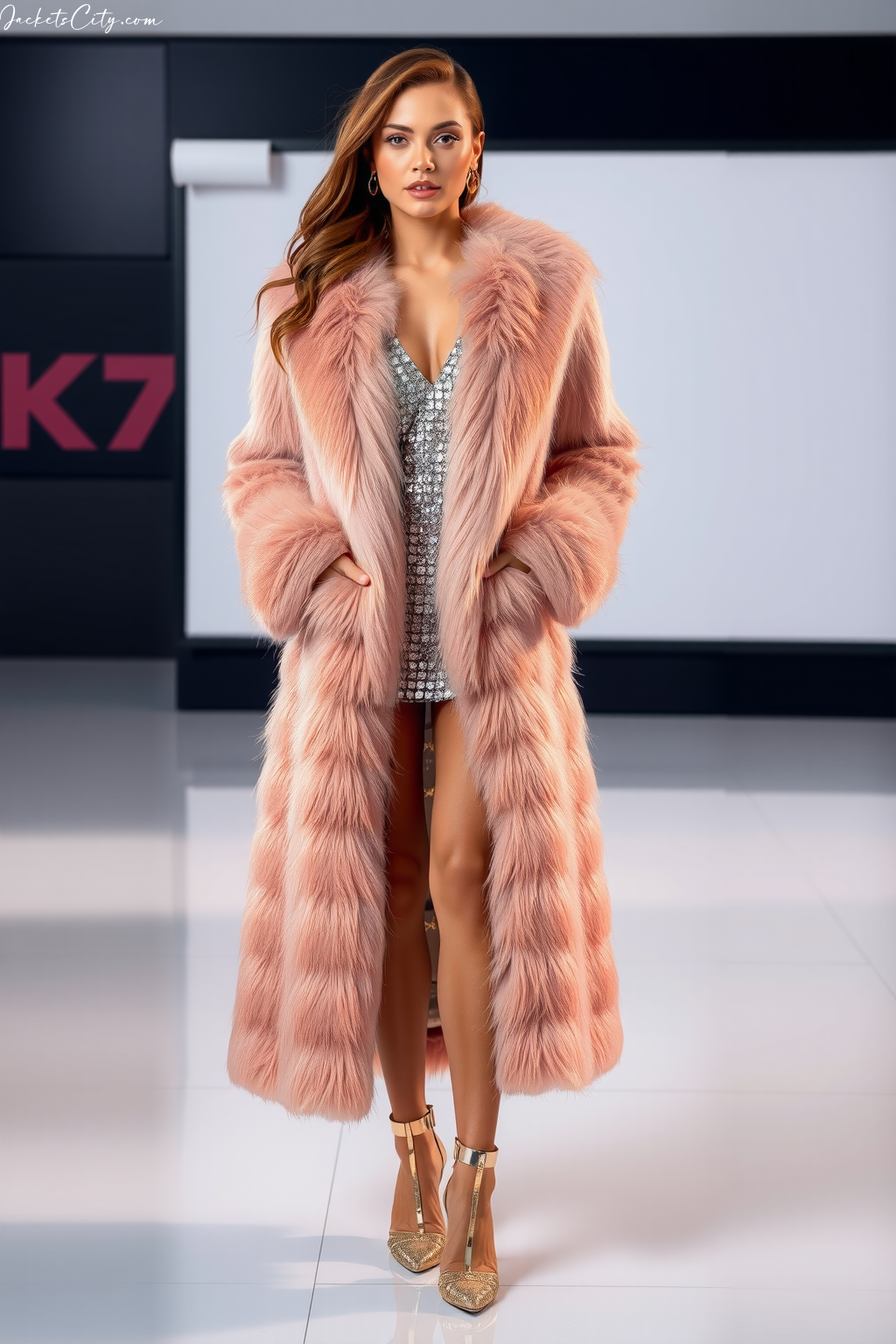 Rose Gold Long Fur Coat Metallic Accents