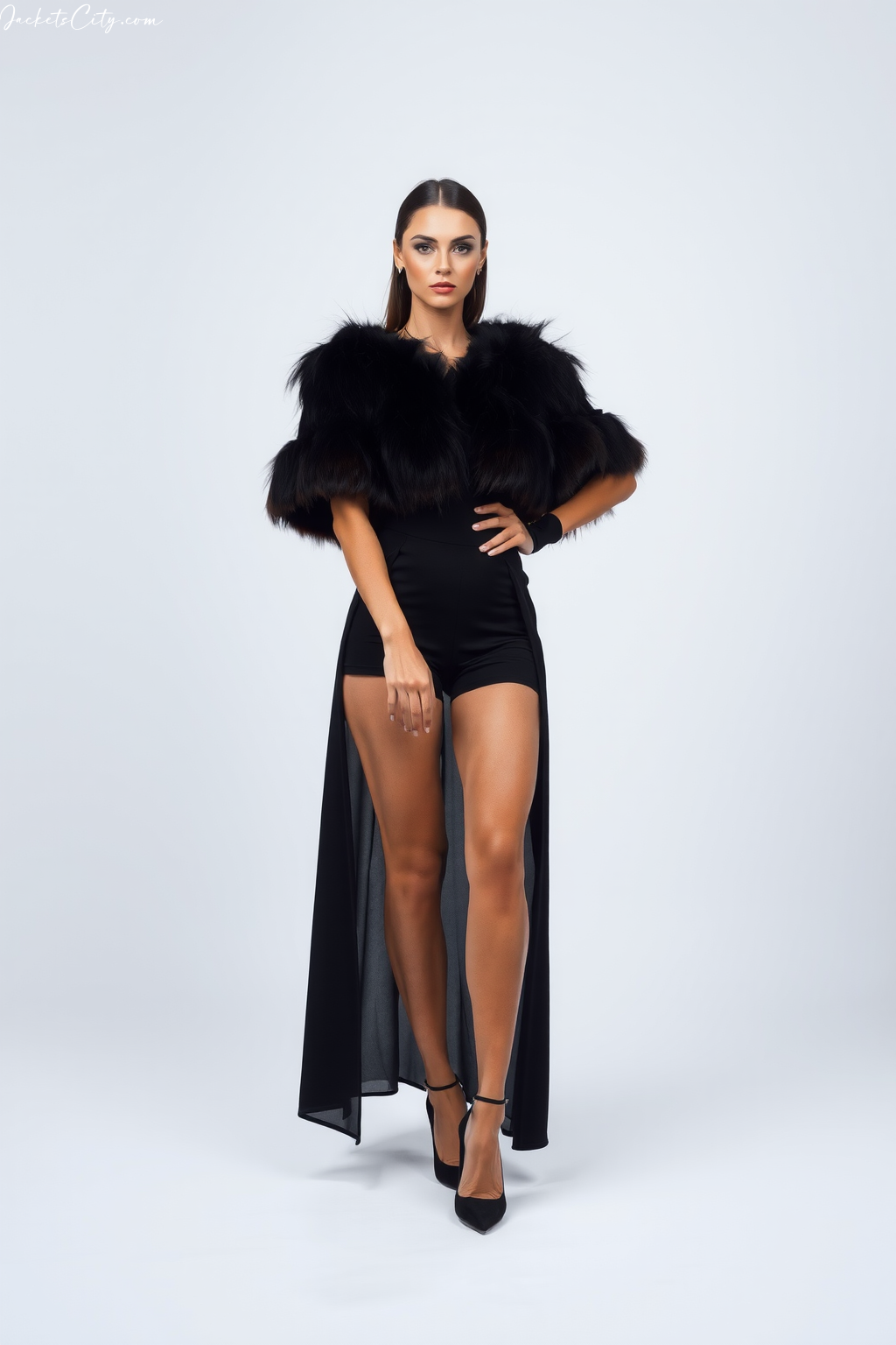 Short Black Fur Cape Black Outfit