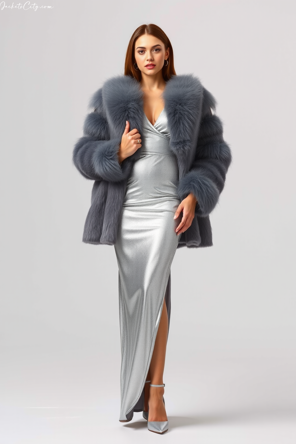 Silver Grey Long Fur Coat Metallic Dress