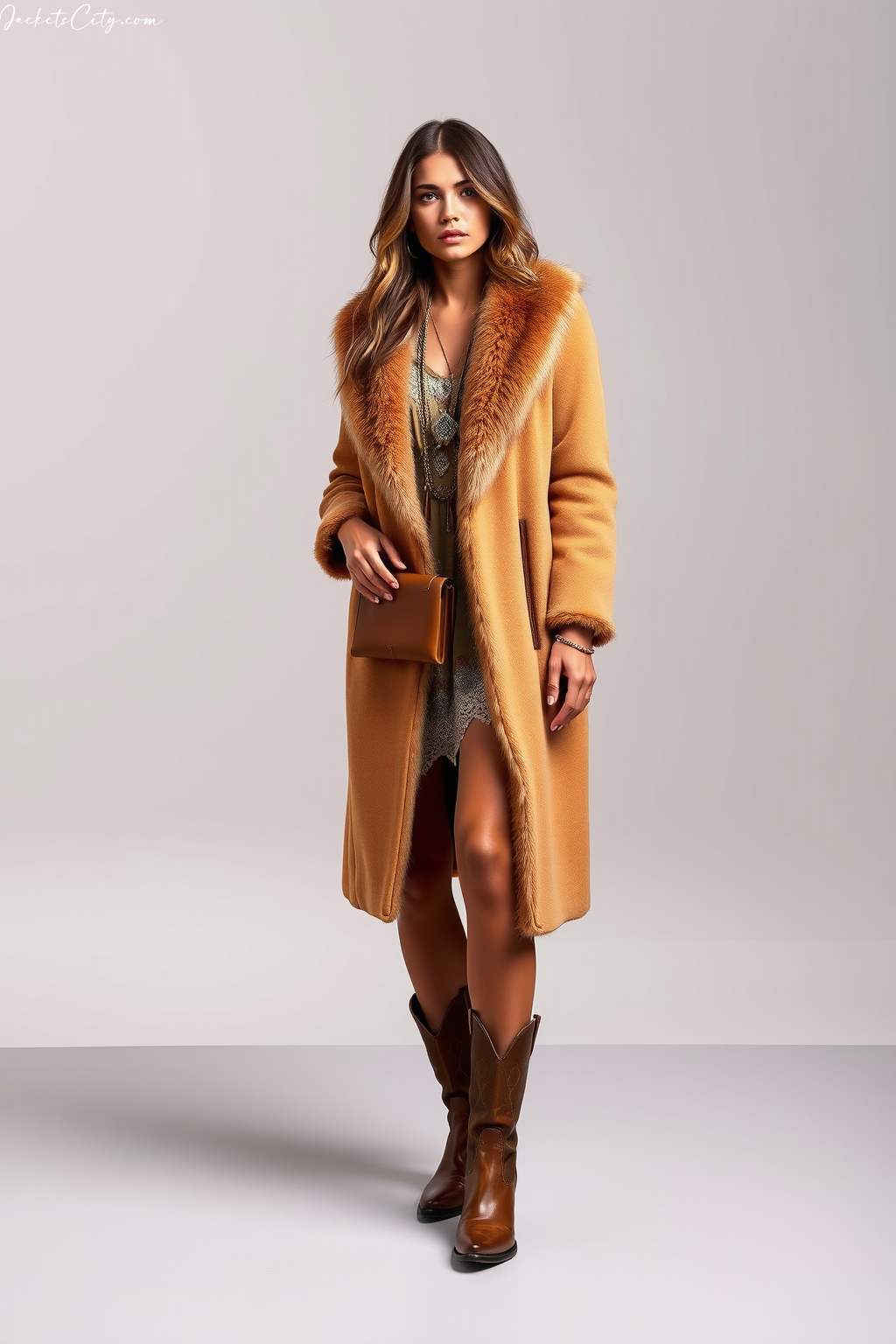 Tan Long Fur Coat Boho Dress