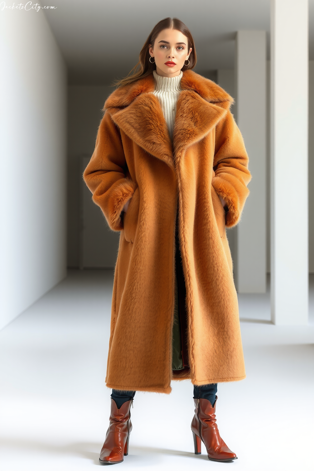 Tan Reversible Long Fur Coat Versatile Styling