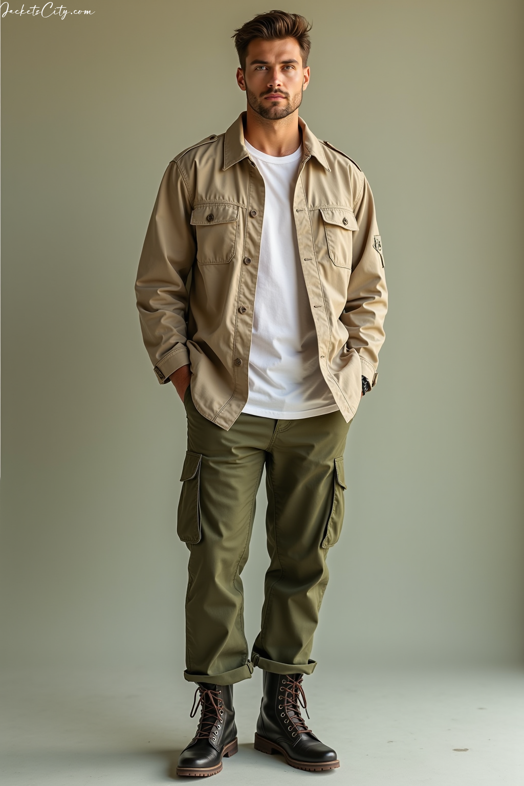 Beige Utility Jacket White Tee