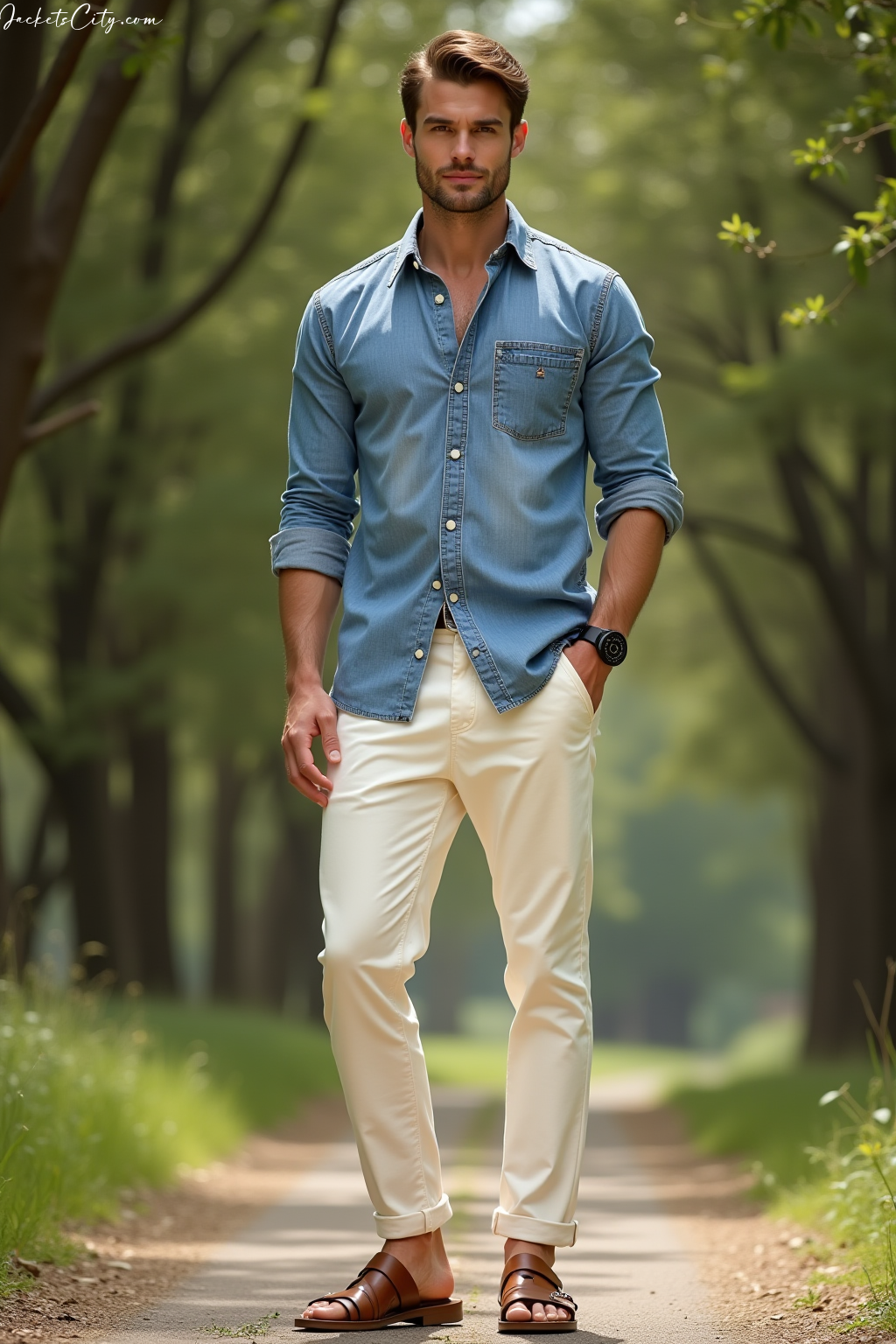 Chambray Shirt Cream Pants