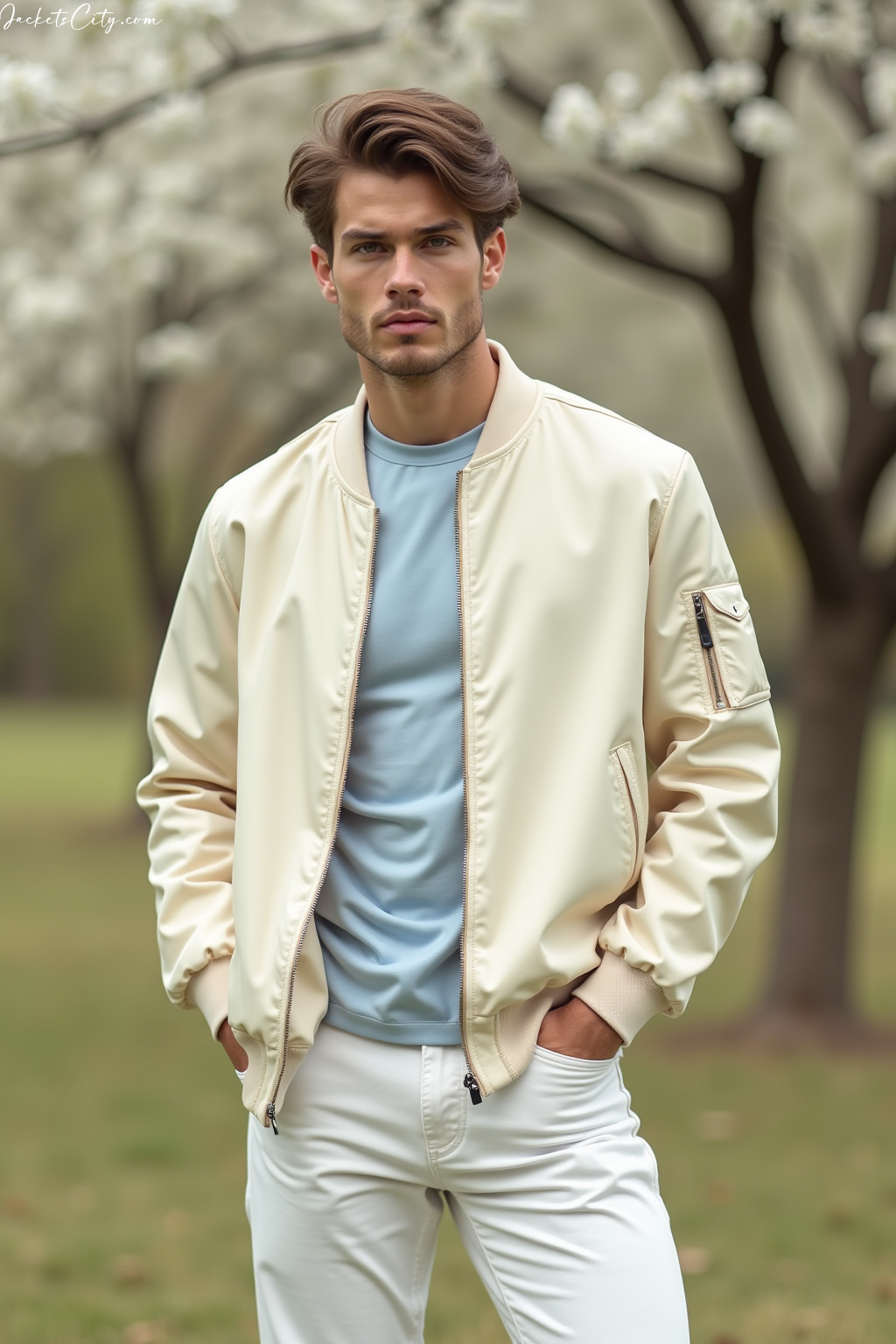 Cream Bomber Jacket Light Blue Tee