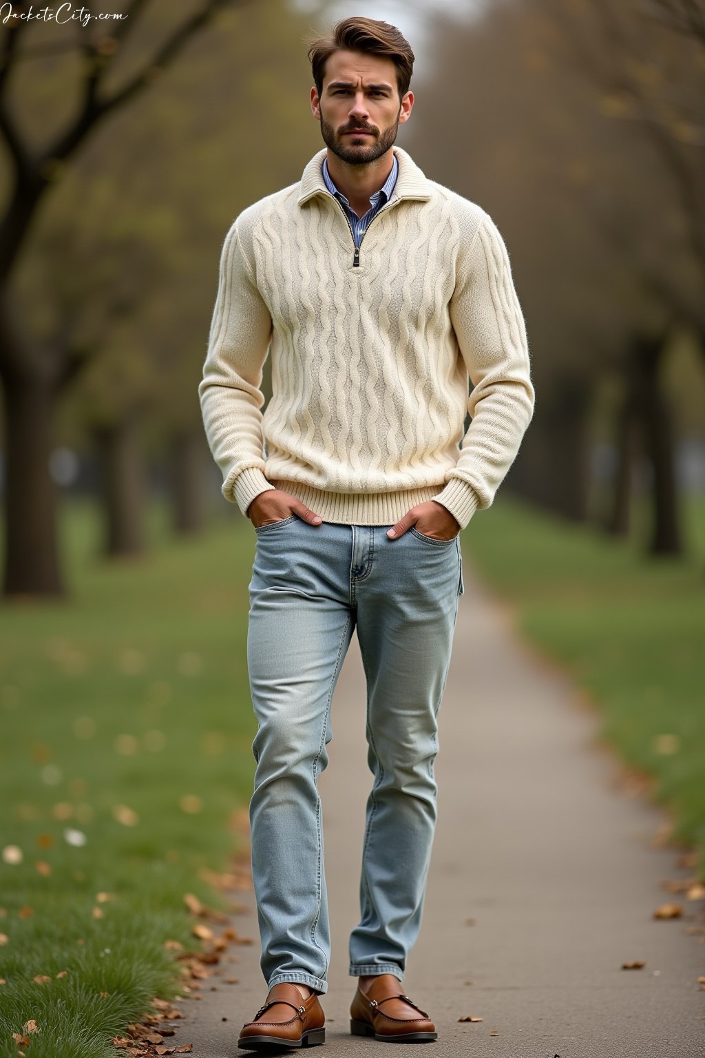 Cream Cable Knit Sweater Light Jeans