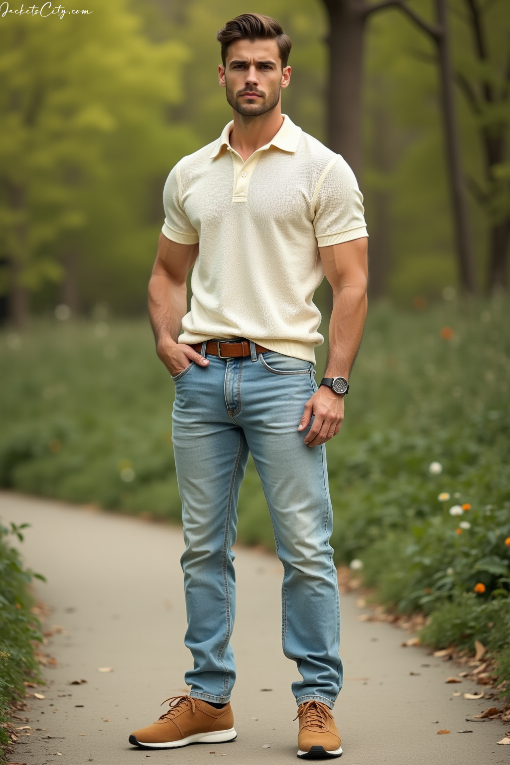 Cream Knit Polo Light Blue Jeans