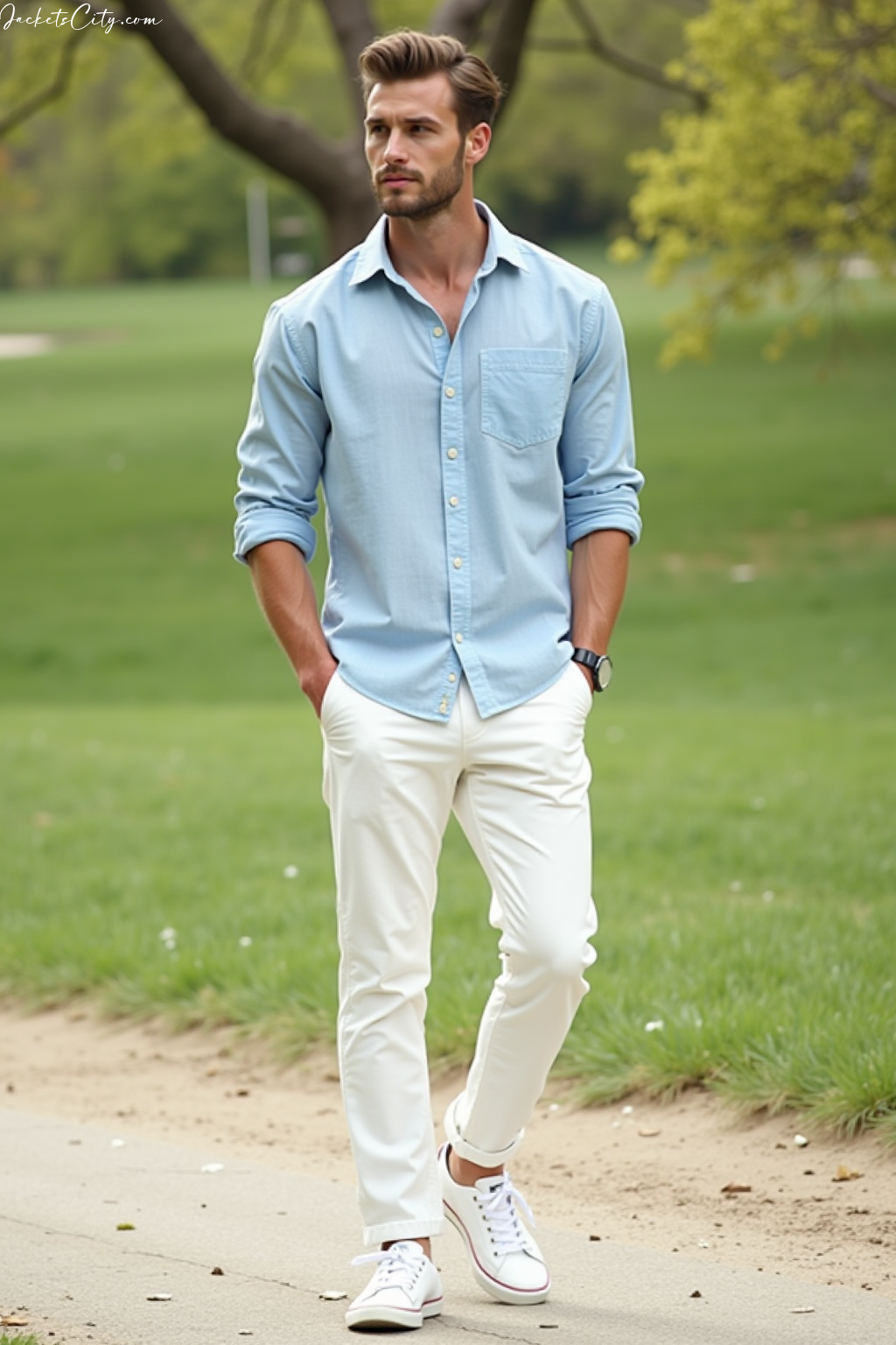 Light Blue Linen Shirt White Chinos