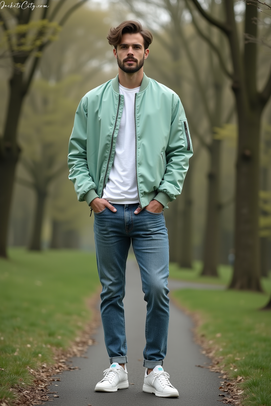 Mint Green Bomber Jacket White Tee