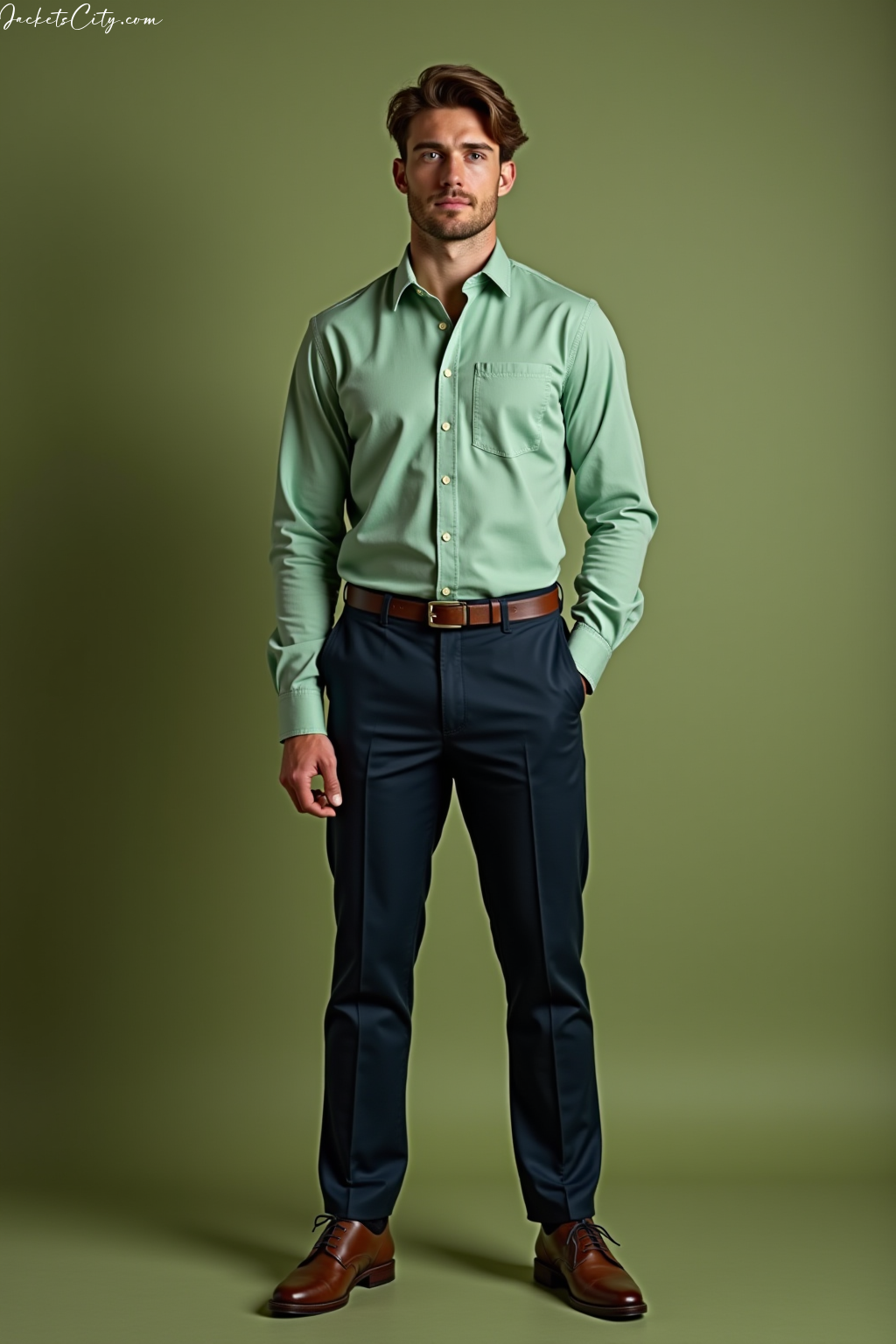 Mint Green Button-Down Navy Trousers