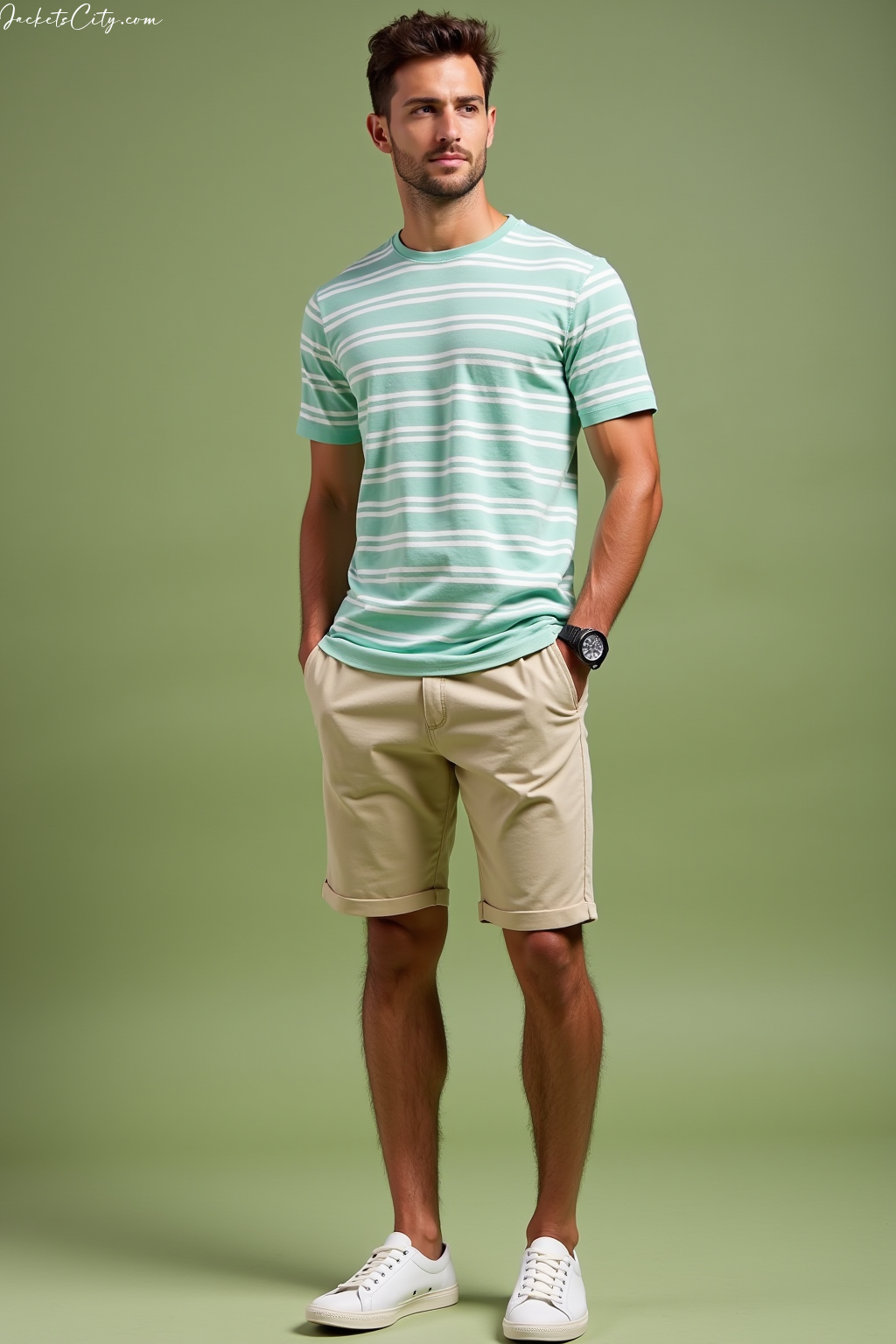Mint Striped Tee Khaki Shorts