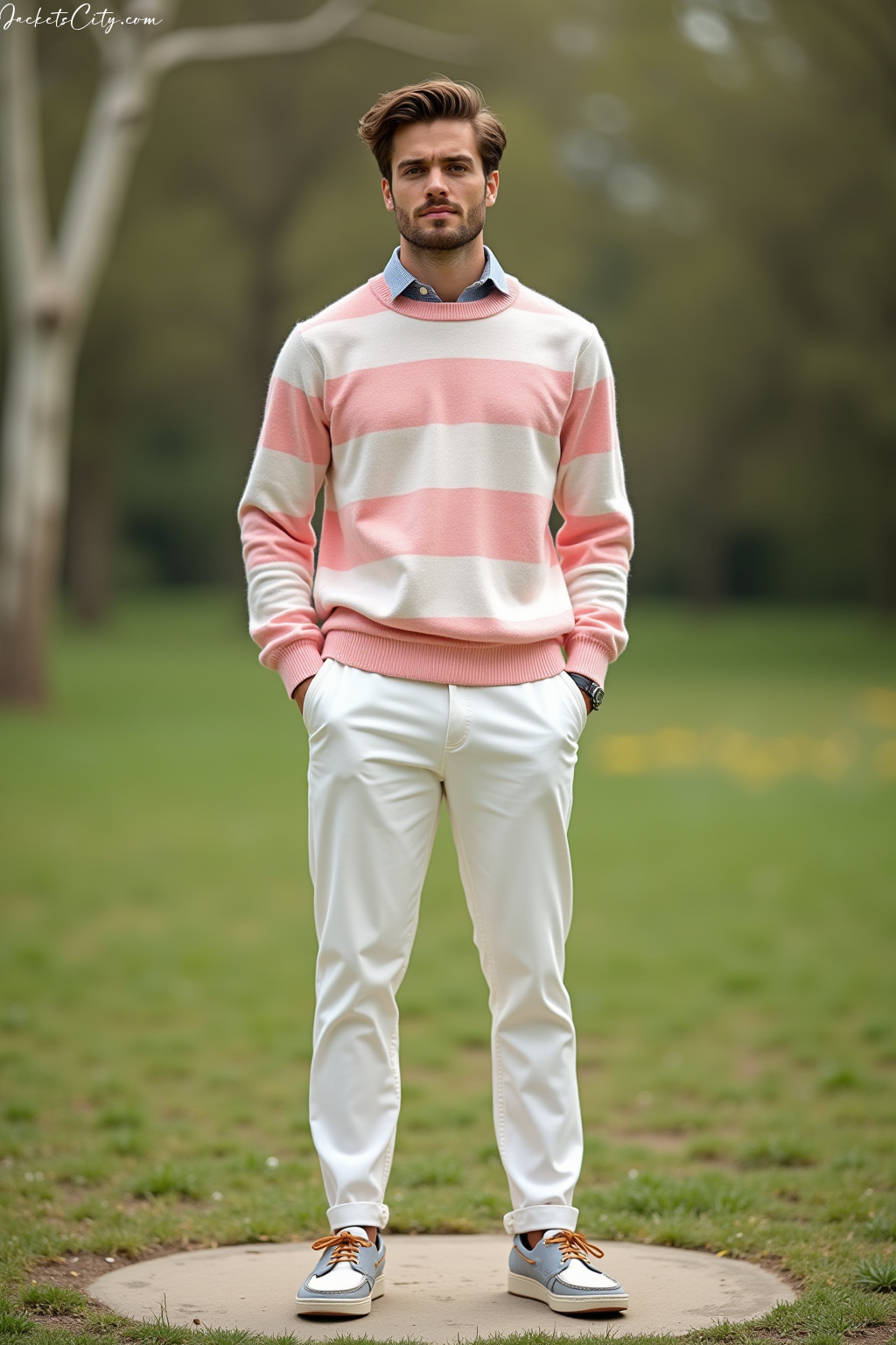 Pastel Striped Sweater White Pants