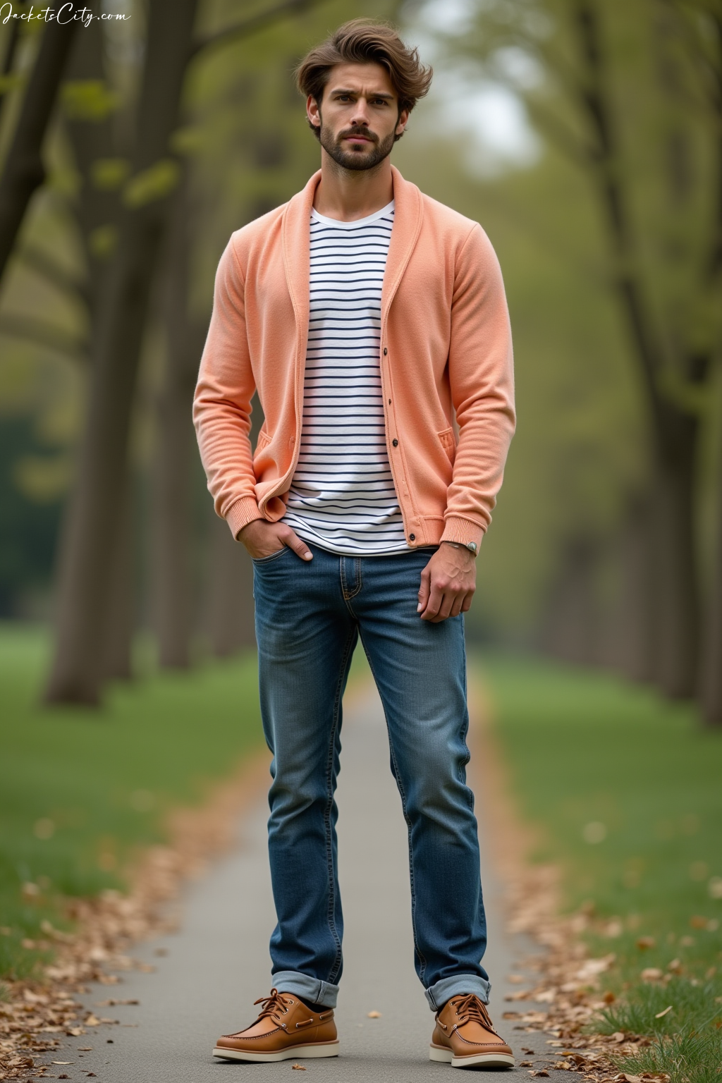 Peach Cardigan Striped Tee