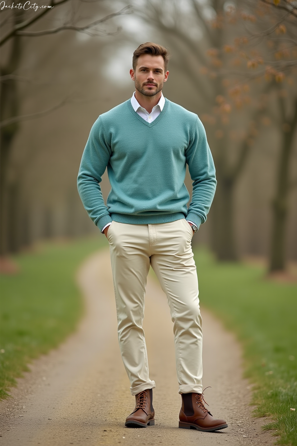 Robin Egg Blue Sweater Cream Chinos