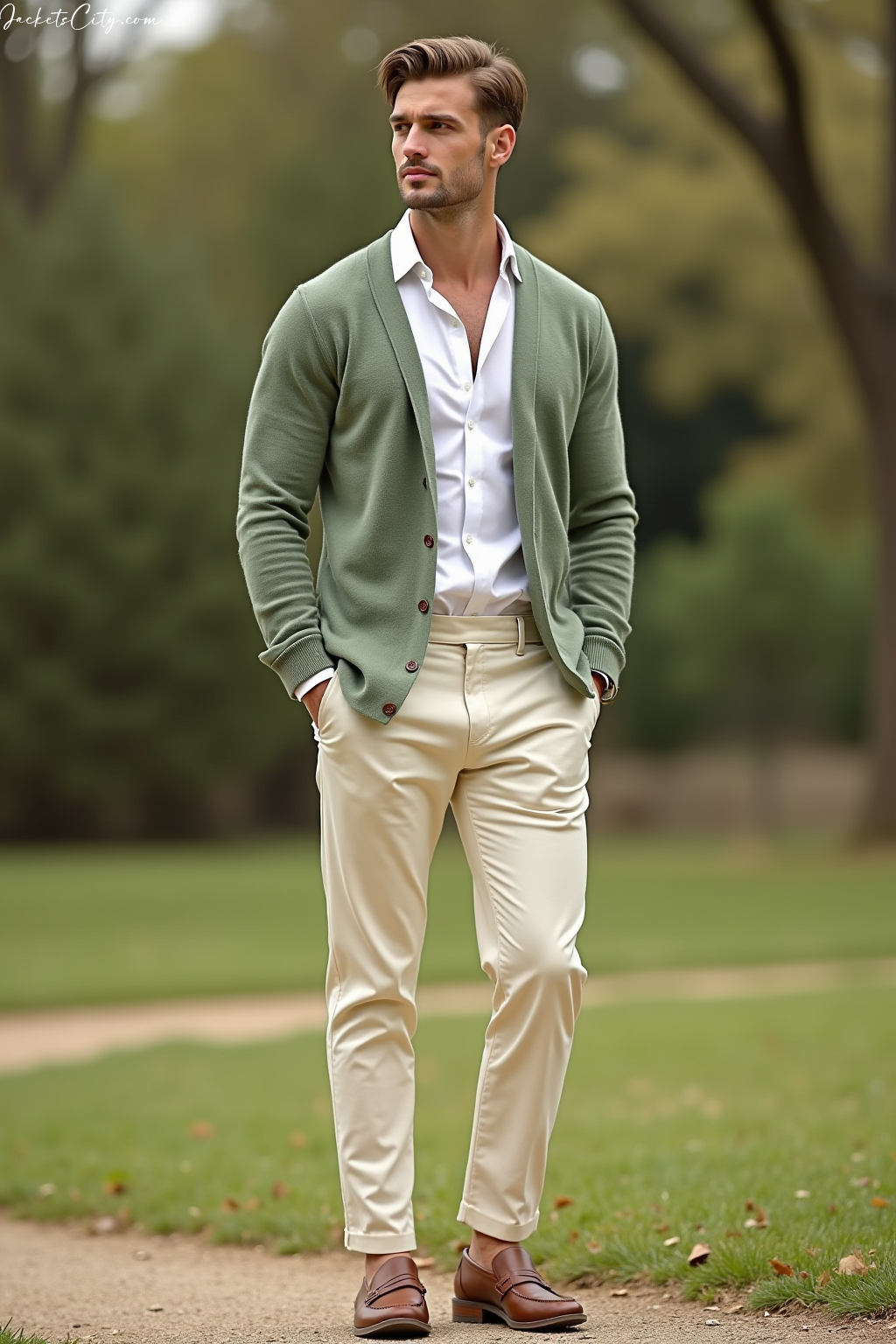 Sage Green Cardigan White Shirt