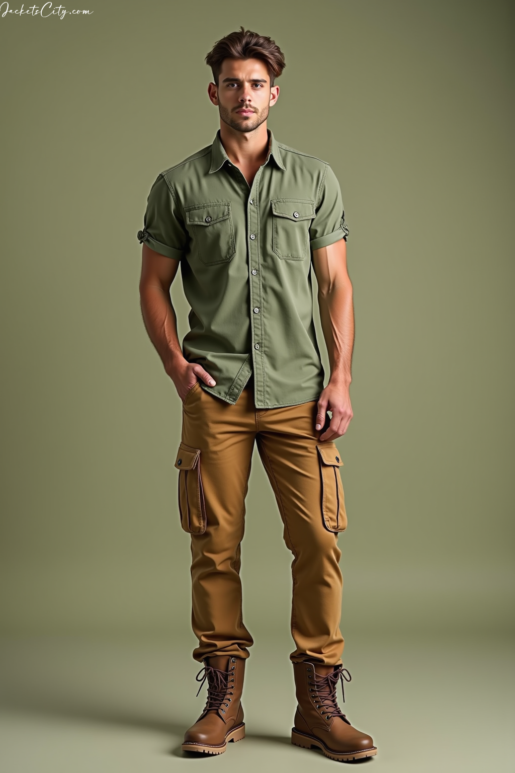 Sage Green Utility Shirt Tan Cargo Pants