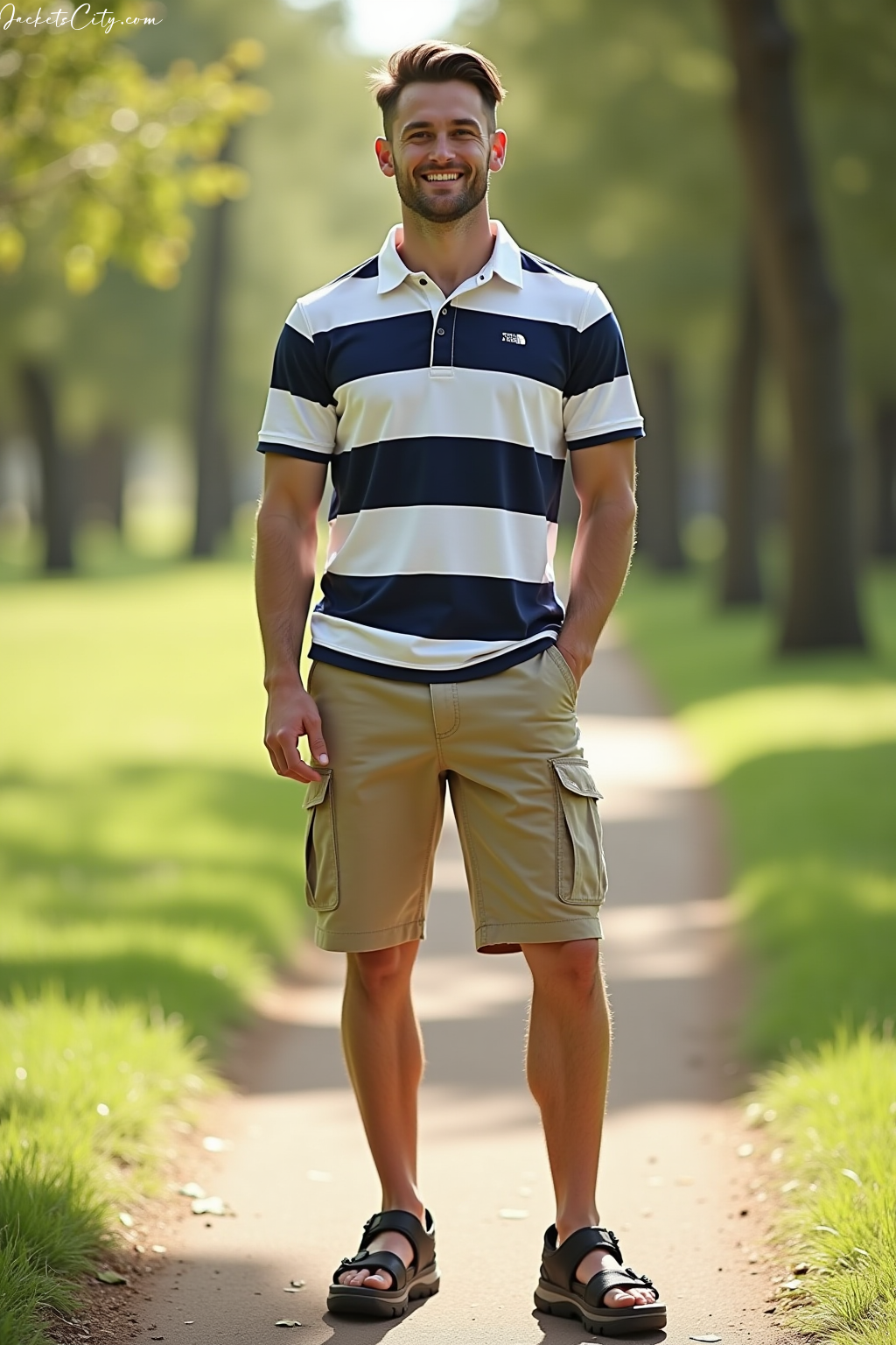 Striped Rugby Shirt Khaki Cargo Shorts