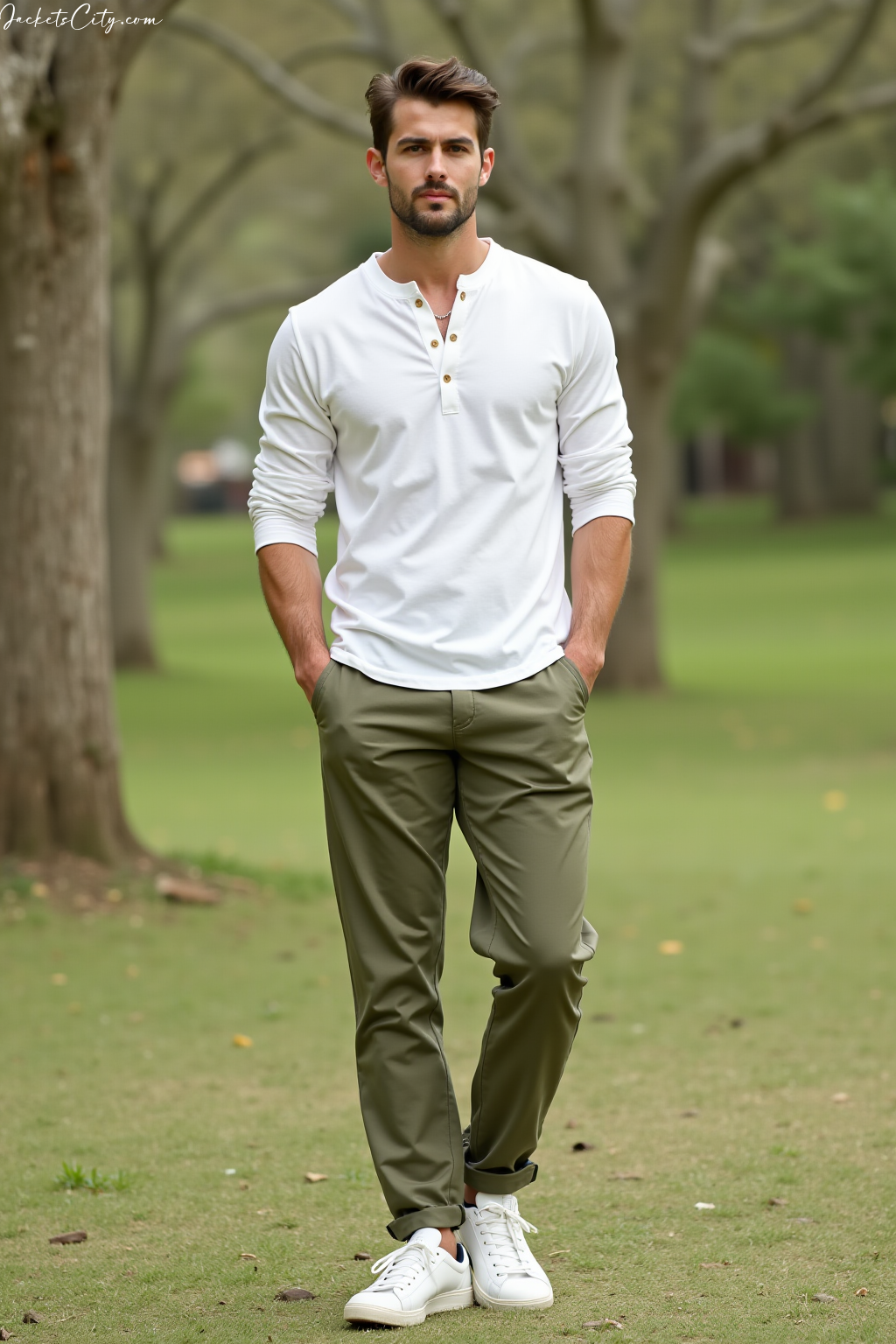 White Henley Shirt Olive Chinos