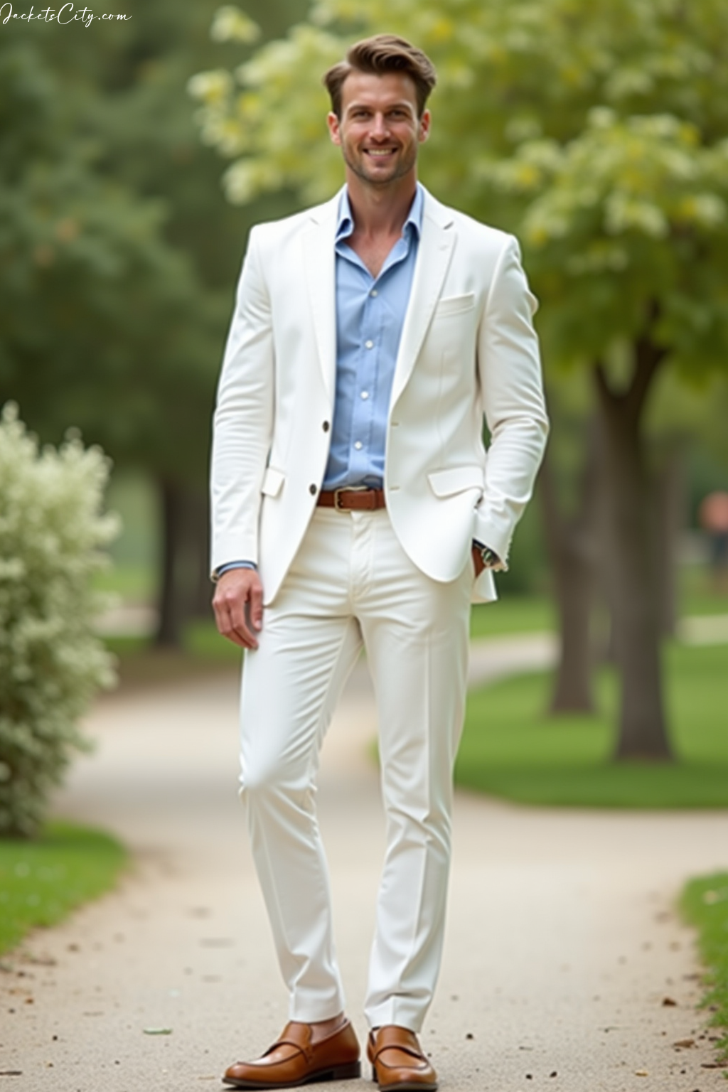 White Linen Suit Light Blue Shirt